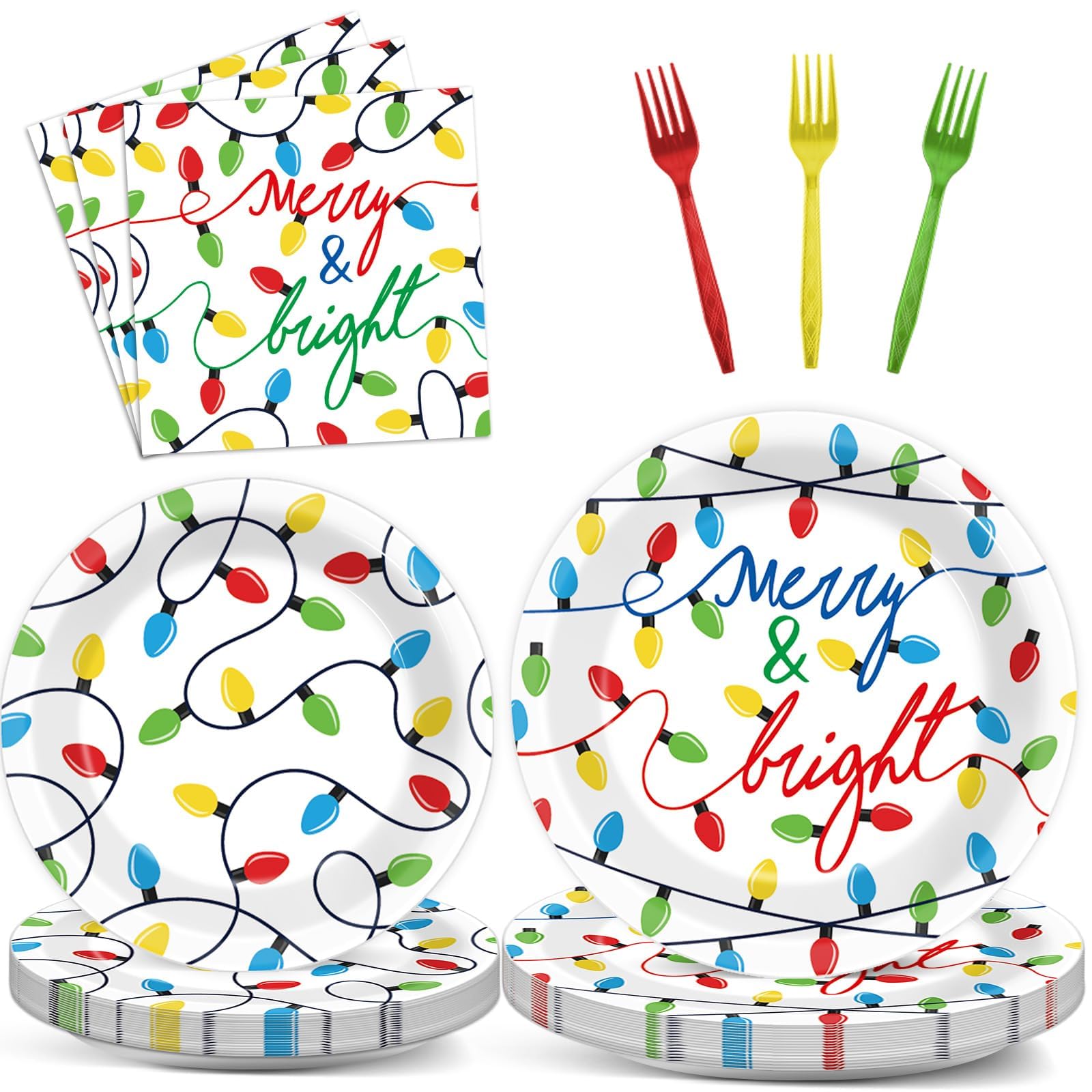 ZOIIWA 96PCS Merry Christmas Party Tableware Set Christmas Lights Party Supplies Merry and Bright Disposable Dinnerware Plates Napkins Forks with Holiday String Lights for Xmas Birthday Favors
