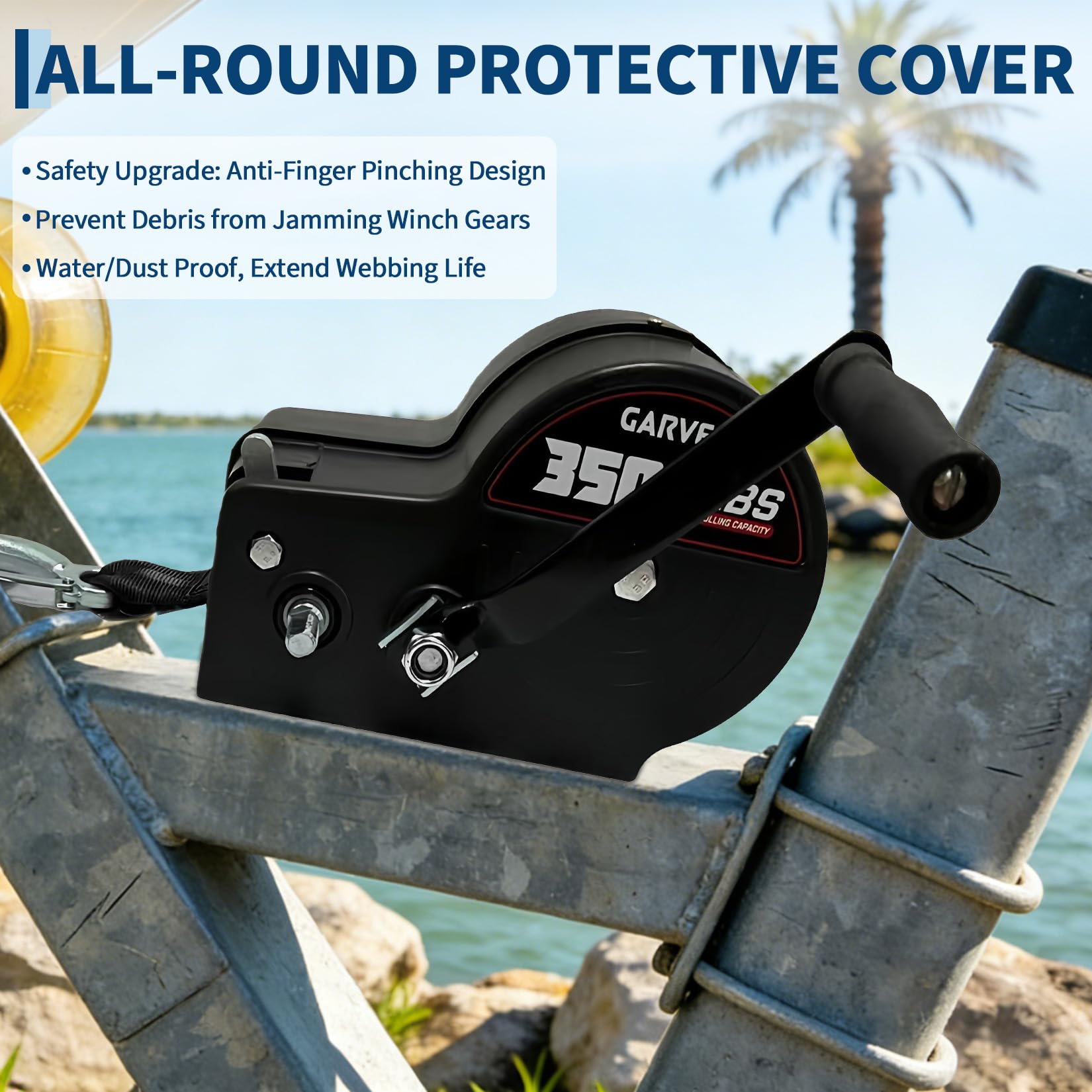 Garvee Treuil Manuel Robuste 3500lbs Pour Remorque Bateau – Sangle 10m, Double Rapport 4:1/8:1, Acier Galvanisé, Pour Remorque, Camion, ATV, Jet Ski – Poignée Standard, Noir