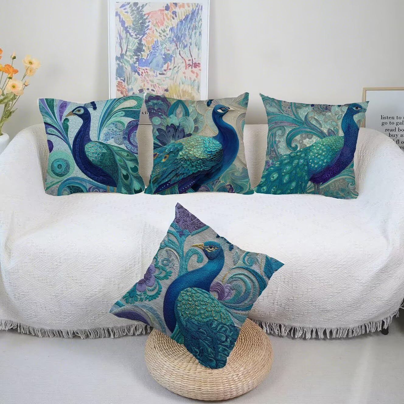 Housse Coussin 55x55 Le paon Taie d'oreiller, Lot de 4 Lin taie oreiller, Vert Carré oreiller pour décorative la maison O Festivals Cadeaux, Fermeture à glissière invisible, Lavable en machine. B-546