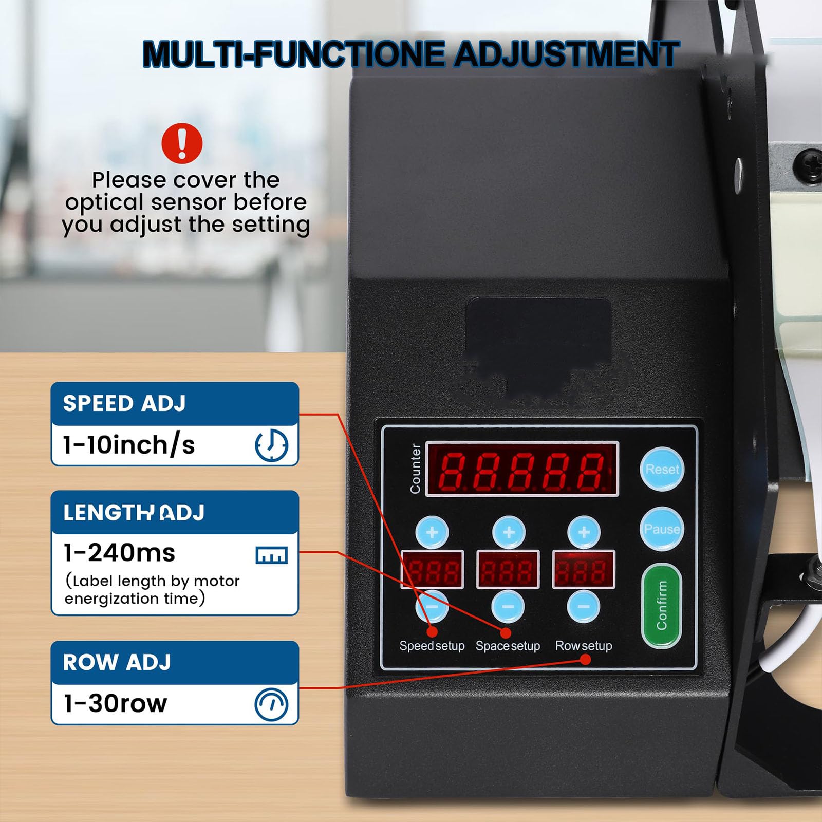Etikettentrennmaschine mit LED-Anzeige, automatischer Zählung, Geschwindigkeit 1–10 Zoll/Sek., Etikettenbreite 90 mm, für Bedruckte, durchscheinende und opake Etiketten