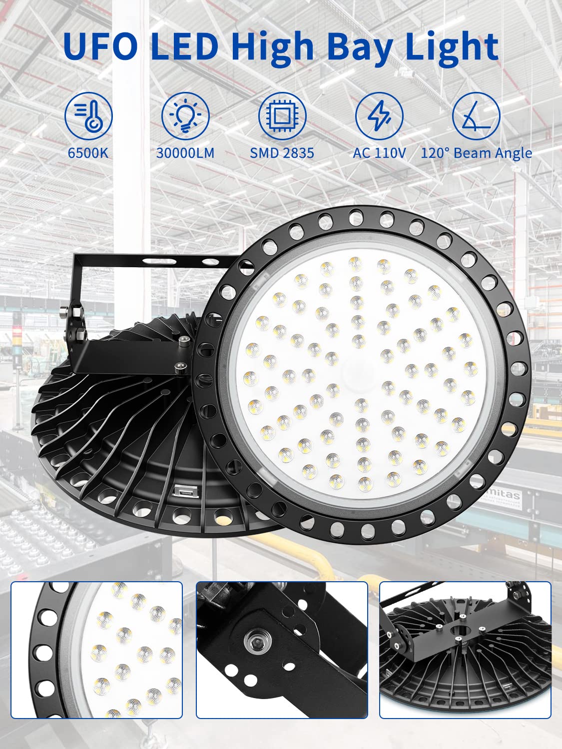 UFO LED High Bay Light 300W 30000LM 6500K Daylight IP65 Waterproof Commercial Warehouse Garage Area Light — view 2