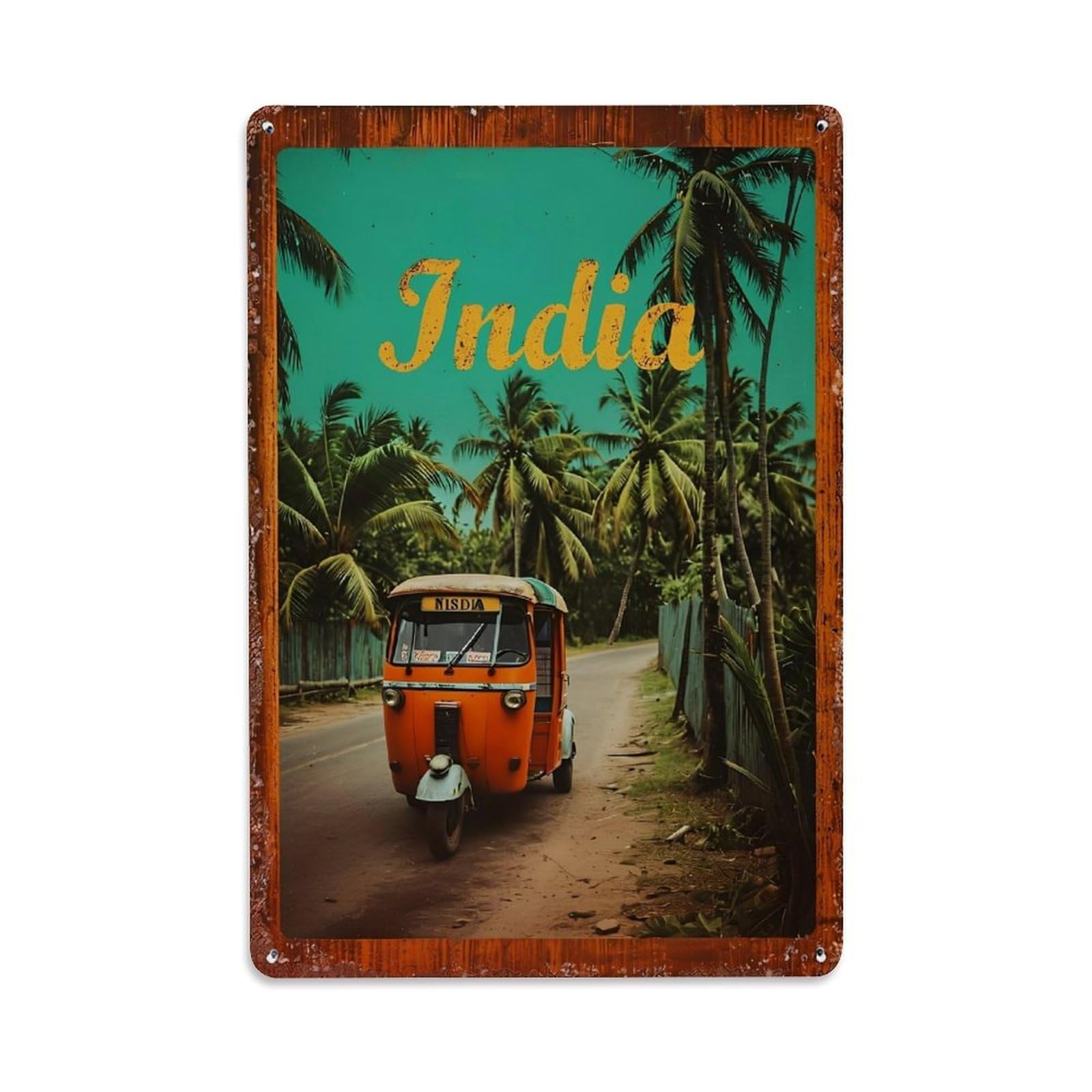 Jdfenggu Vintage India Palm Tree Tuk Tuk Road Retro Metal Tin Sign, Decor Art Poster For Bar, Home, Man Cave, Kitchen, Laundry Room Gift 8X12inch