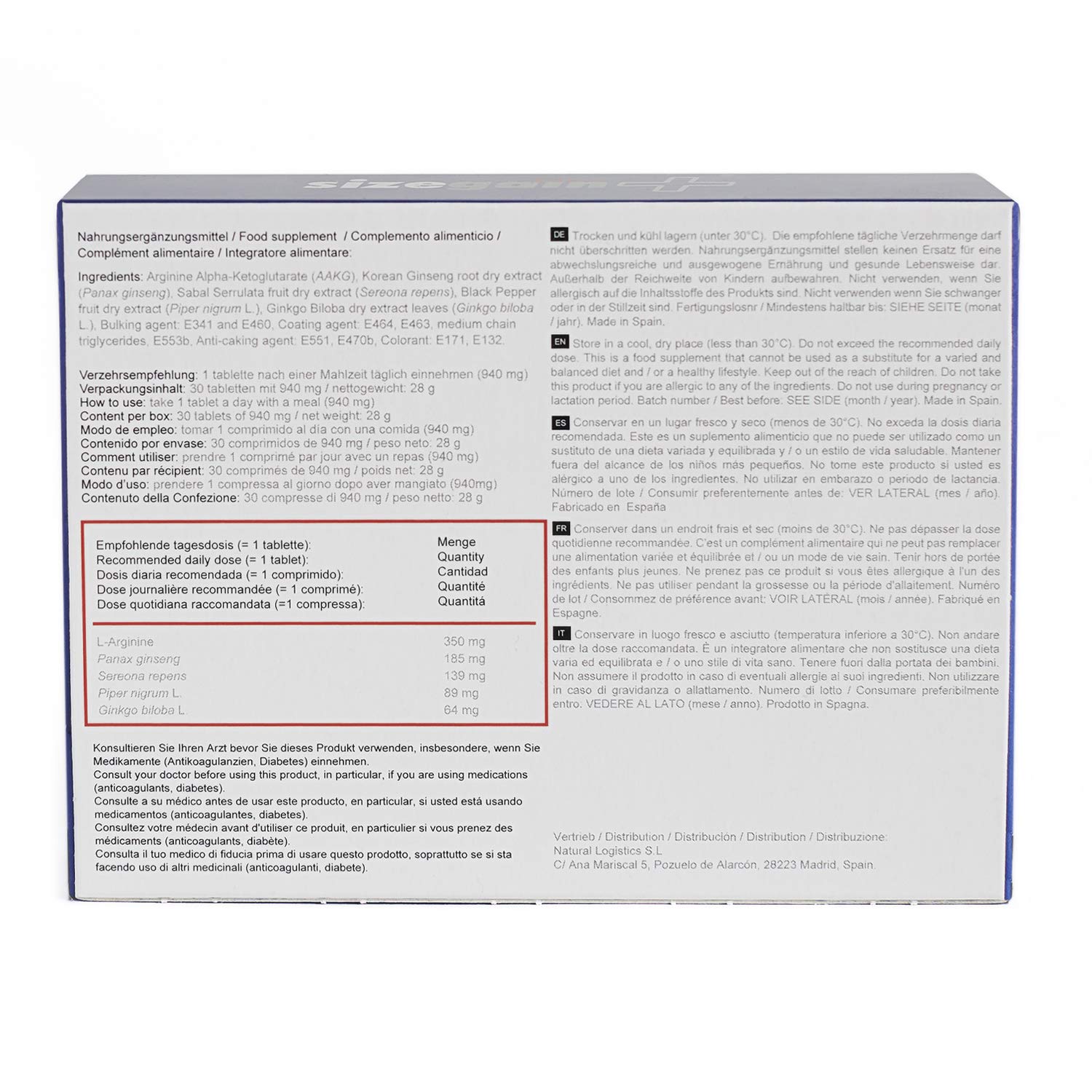 Amélioration de la virilité - 5 SizeGain Plus : Capsules pour augmenter le désir sexuel. 5 x 30 capsules.