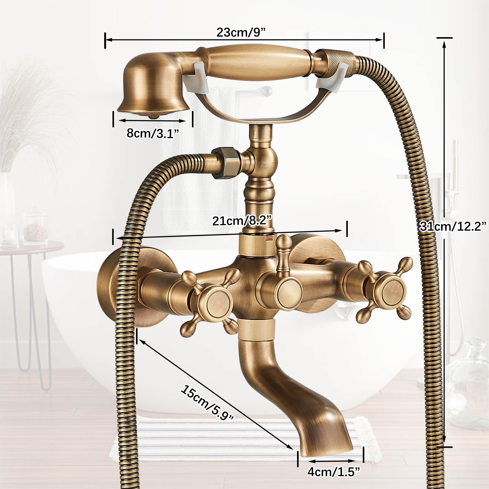 Rubinetto Vasca Da Bagno con Doccetta, Miscelatore Vasca da Bagno con Tubo Doccia da 1,5 m, Antico Vintage Rubinetto a Parete per Doccia Set Doccia, Ottone