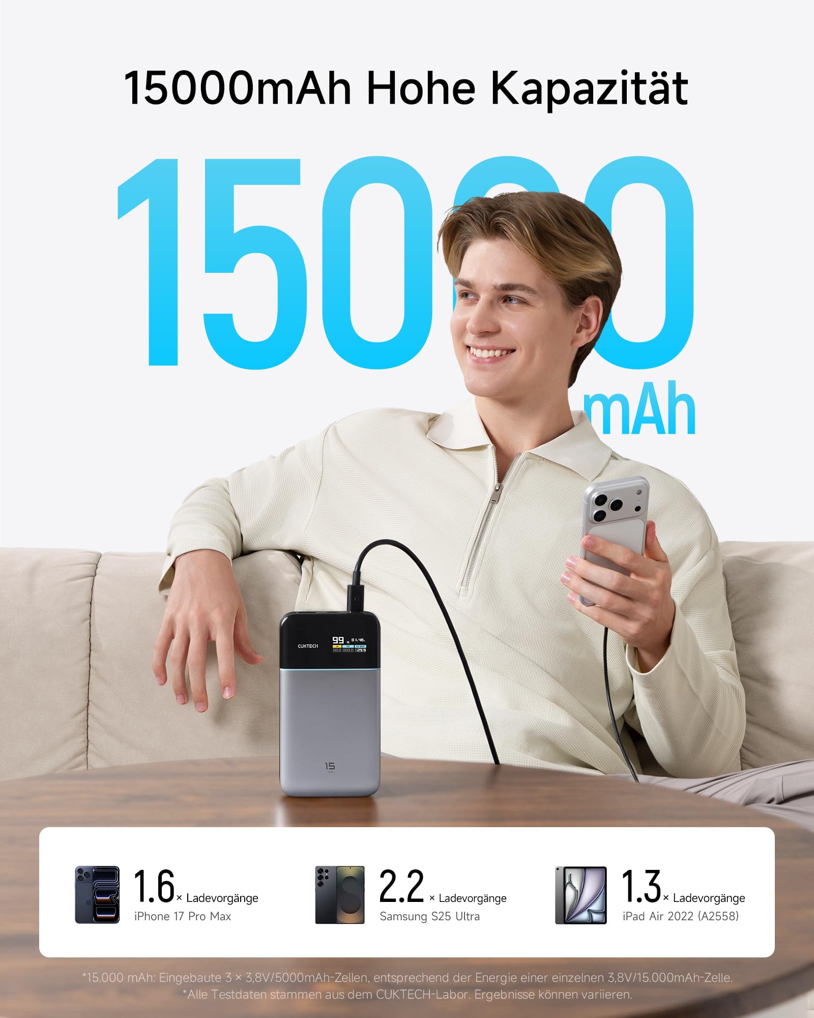 CUKTECH 15 Air 15000mAh Power Bank, Gesamt 100W Powerbank mit digitalem Display und Schnellladefunktion, USB-C Akkupack für iPhone 16/15/14/13, Samsung Galaxy, Dell, iPad, AirPods u.v.m.