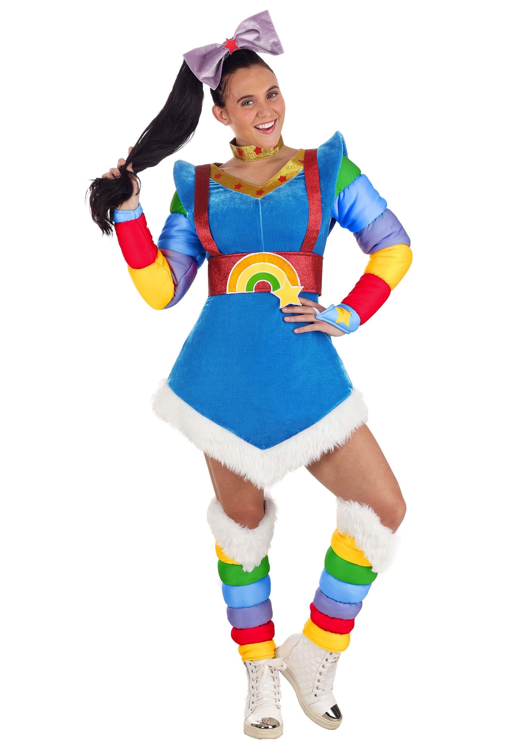 Women's Rainbow Brite Costume Set: Dress, Leg warmers, Choker, and Bow | Halloween and Cosplay Outfit