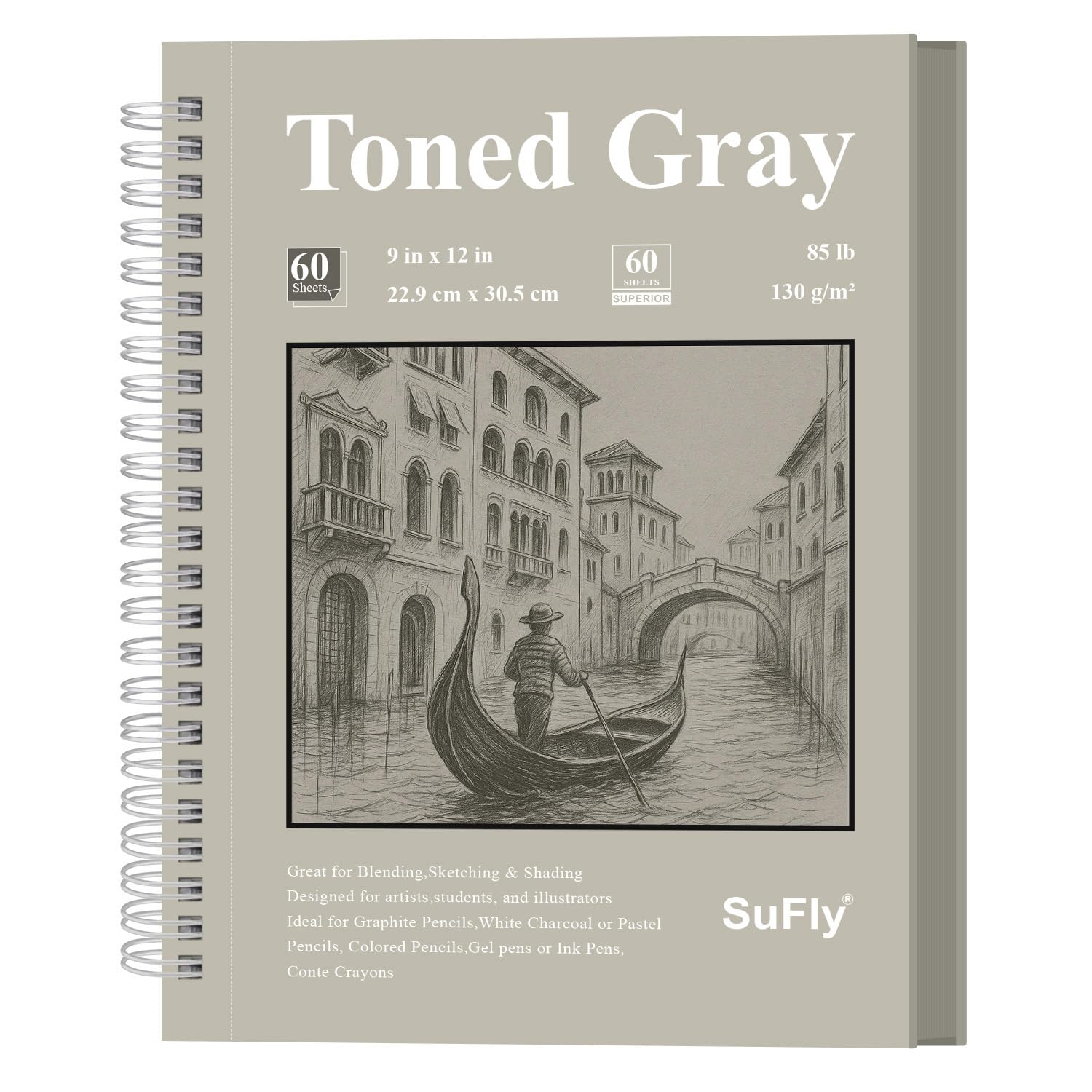 Sufly Carnet de notes d'art en papier gris de 22,9 x 30,5 cm, 60 feuilles lourdes, sans acide, livre de dessin à spirale pour études tonales et composition