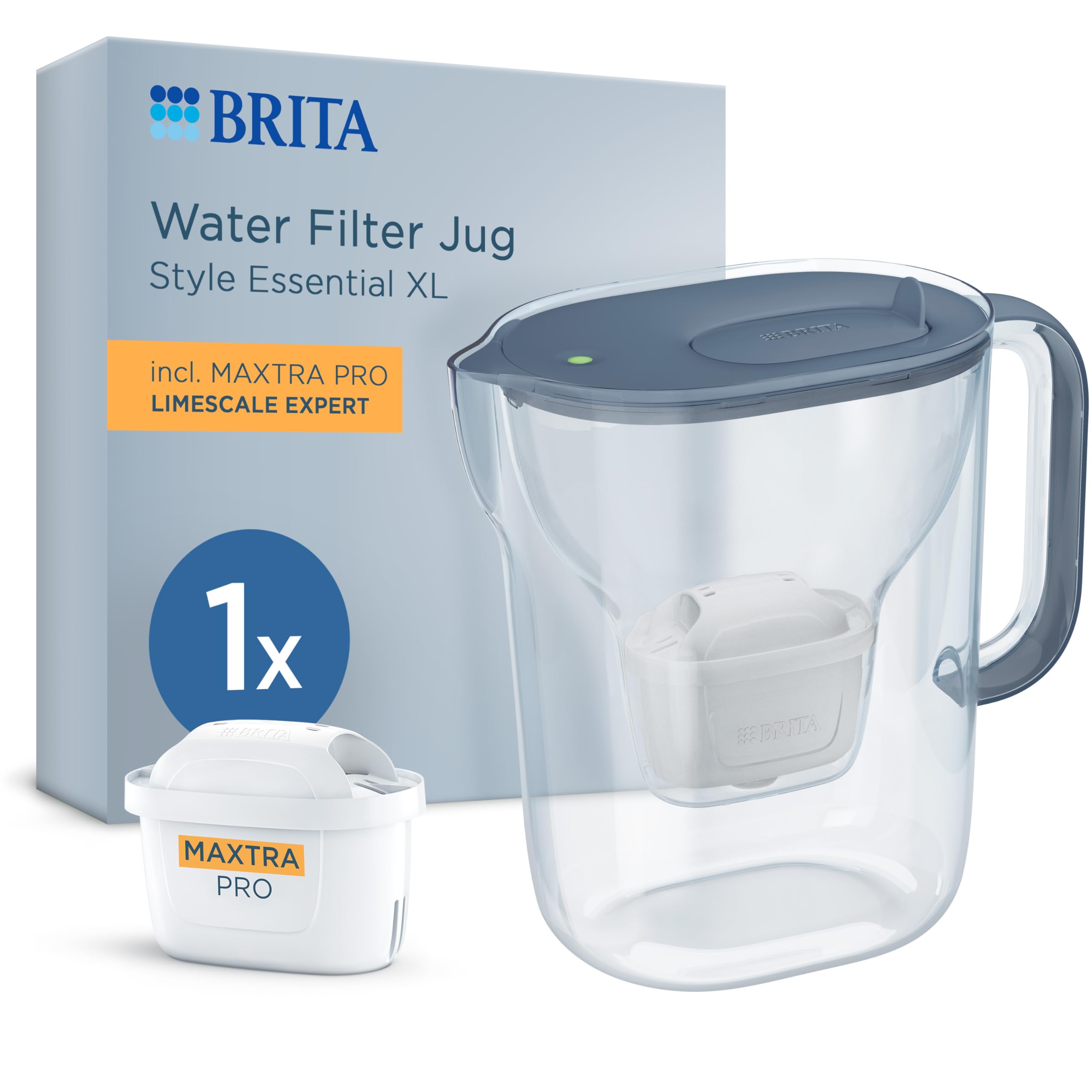 BRITA Water Filter Jug Style Essential XL Stone Blue (3.6L) incl. 1x MAXTRA PRO Limescale Expert Cartridge | Large Volume Pitcher With Smart Light LTI & Flip-Lid - Filtering Impurities, Metals & More