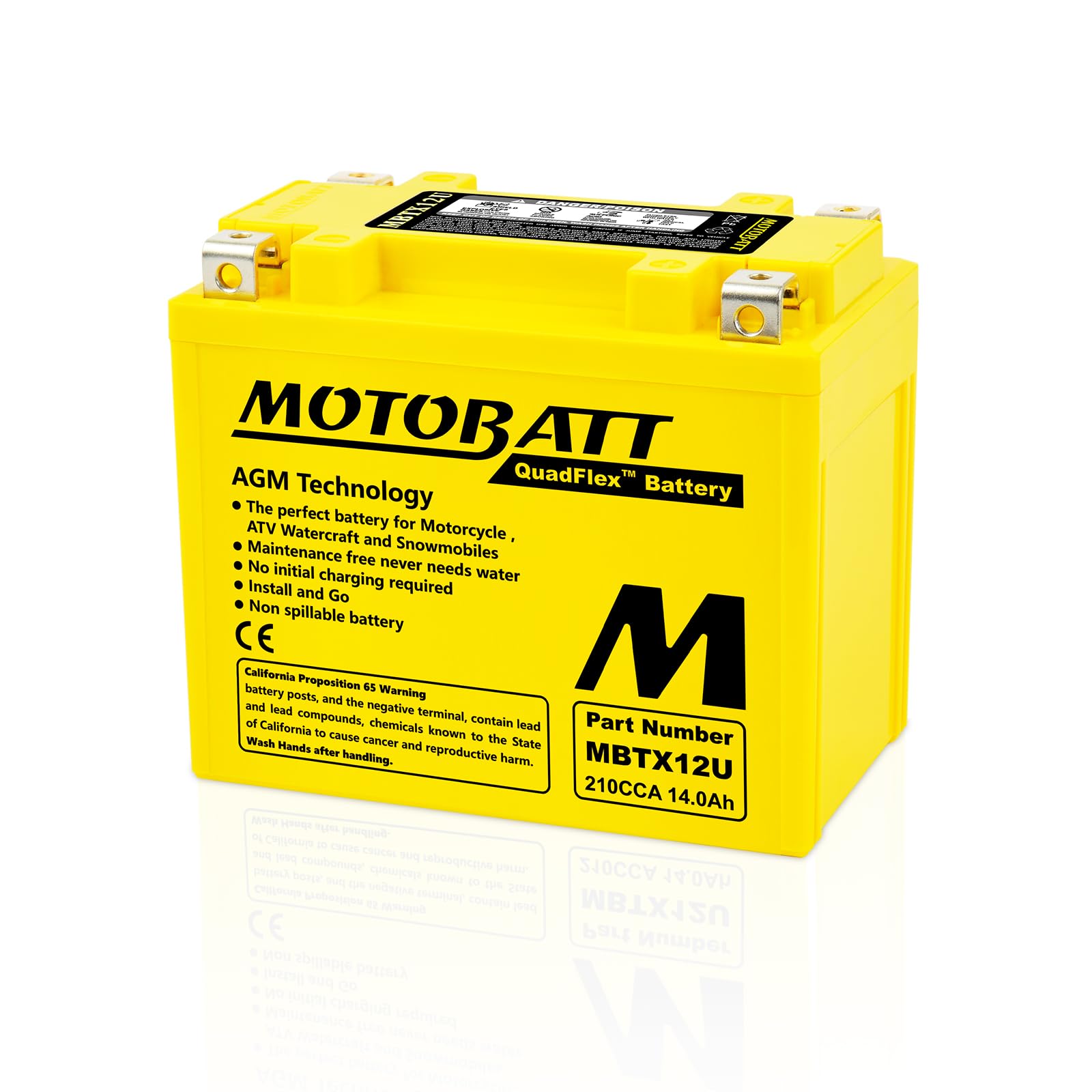 MotoBatt MBTX12U (12V 14 Amp) 200CCA Factory Activated QuadFlex AGM Battery - YB12BB2, YTX12BS, YTX12, YTX14BS, YTX14, YTX14L, YTX14H, YTX14HBS, YTX14LBS, YTX15L, YTX15LBS, ETX12, ETX14, AUX-400-200