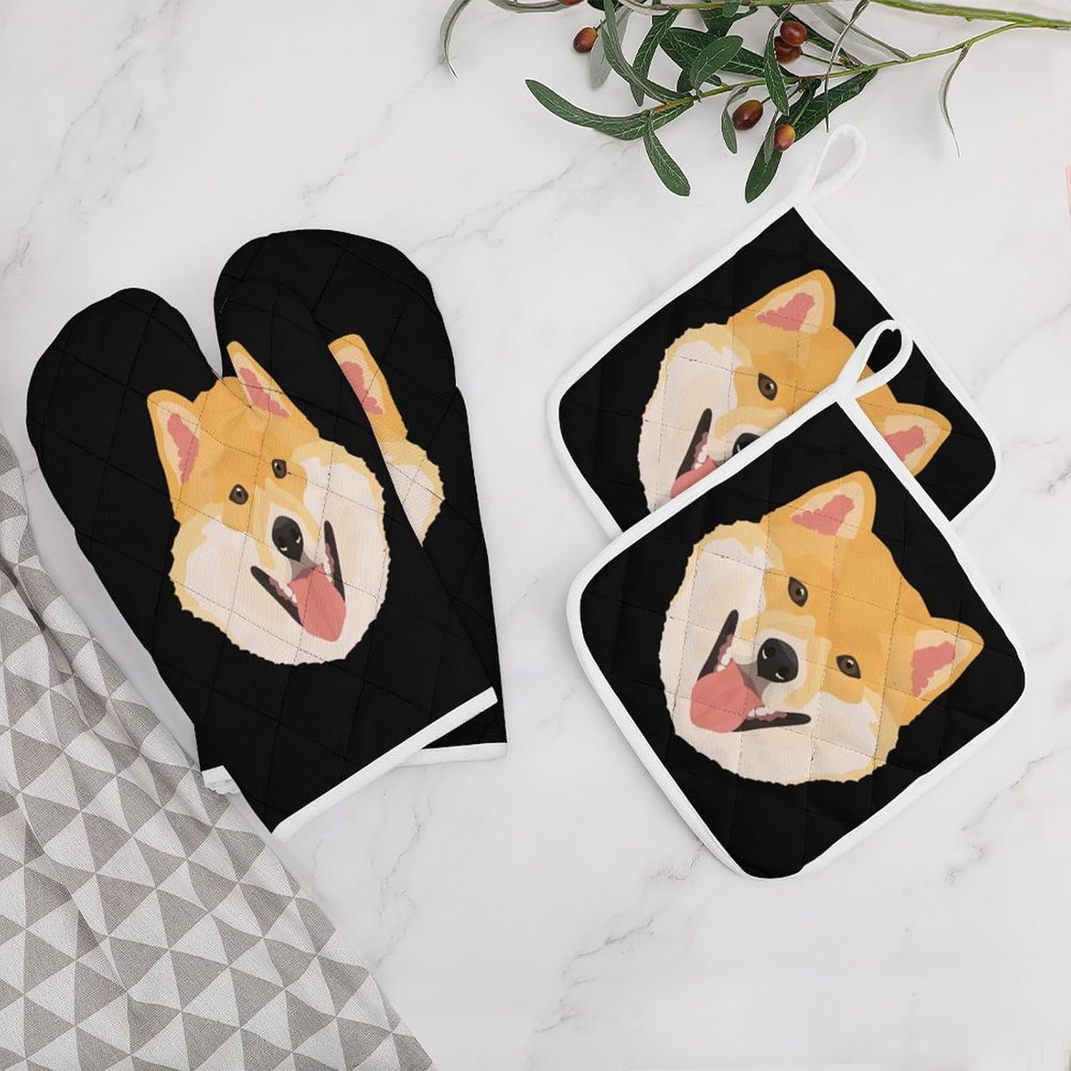 Shiba Dog Oven Mitts and Pot Holders 4Pcs Set Heat Resistant Cooking Mitts Hot Pads