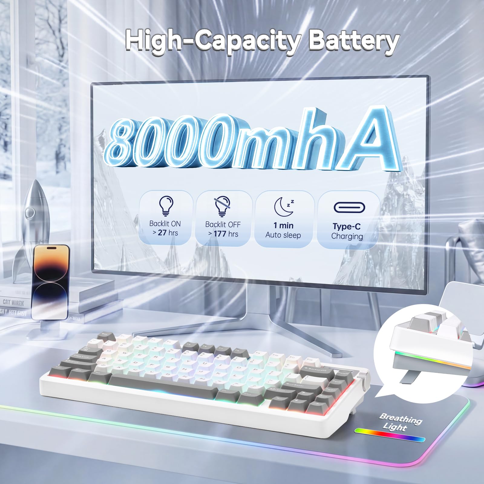 X Aula Nova75 - Tastiera meccanica da gioco, 75% tastiera wireless compatta con schermo e manopola, per interruttori pre-lubrificati, tastiere per computer da 8000 mAh, retroilluminazione RGB, hot