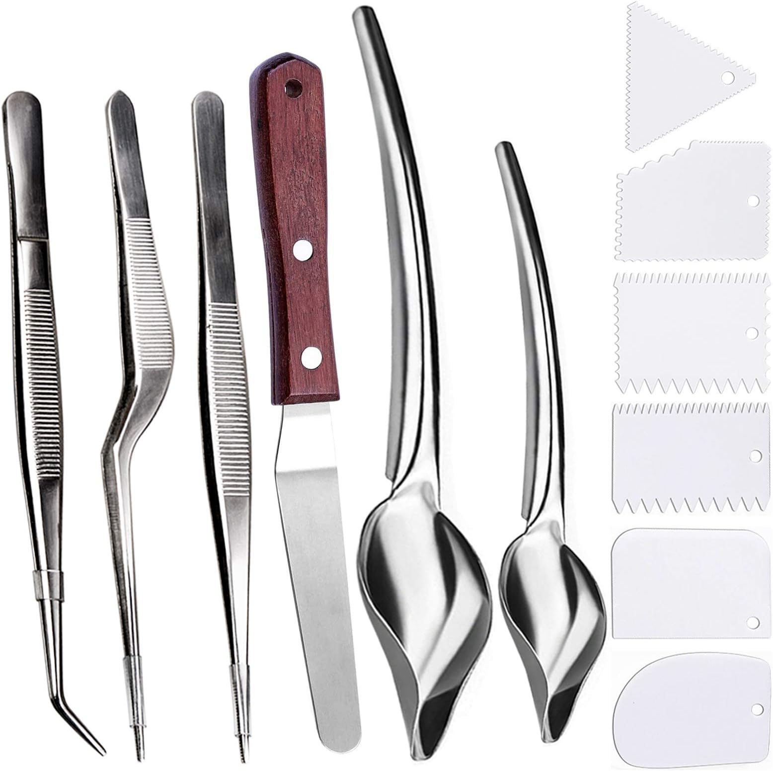 6 Pcs Tools Culinary Set Stainless Steel Cooking Tweezers Precision Tongs with Serrated Tips,Culinary Drawing Spoons,and 6 Piece Plastic Plating Wedge Set for Plates Decorating Spoon