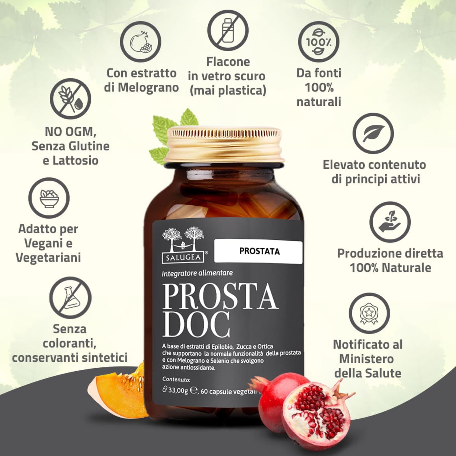 PROSTADOC Salugea - Integratore 100% naturale per il Benessere della prostata - con EnotProst®, Zucca, Ortica, Melograno e Selenio - 60 Capsule in Flacone di vetro scuro farmaceutico