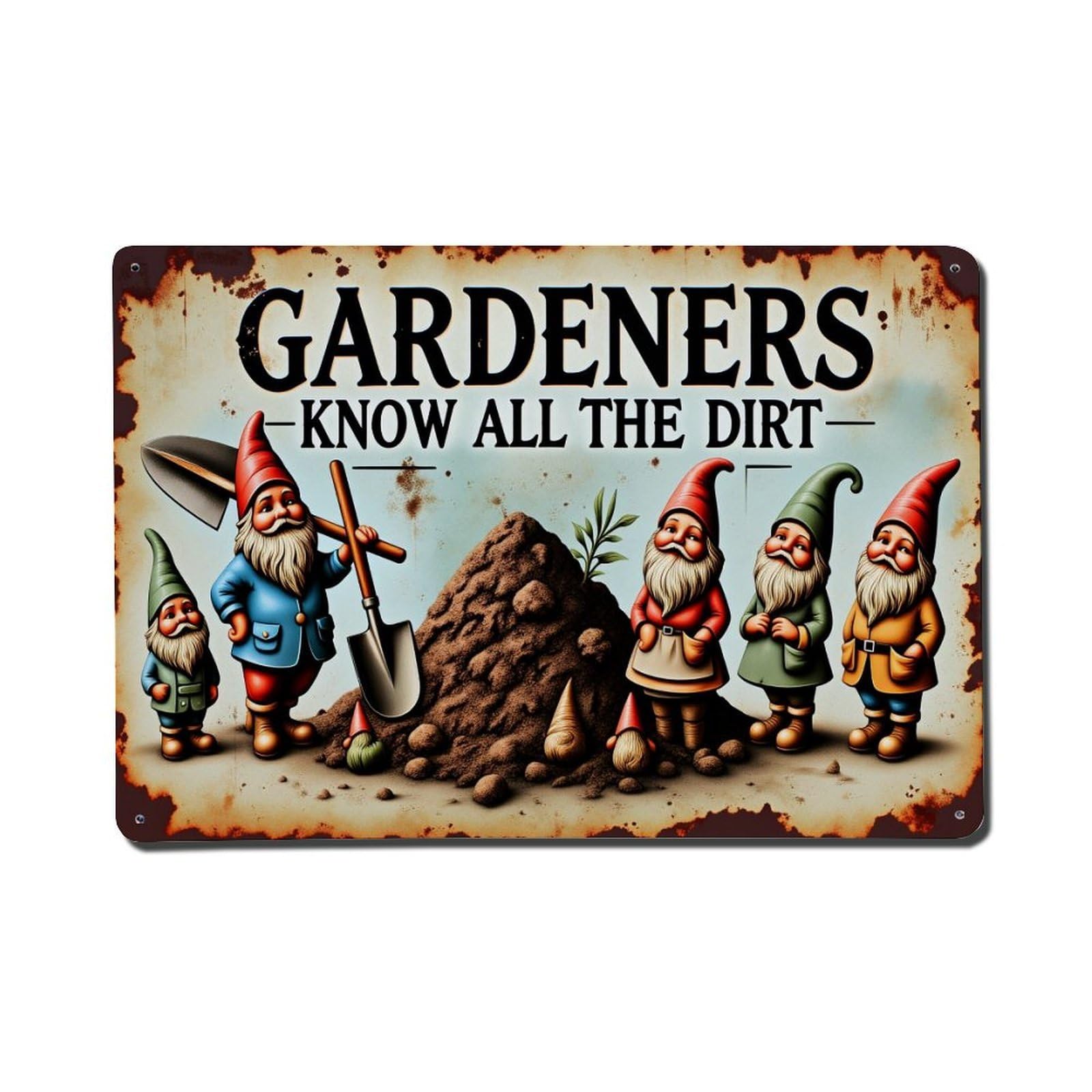 Garden Gnomes Shovel Dirt Pile Retro Metal Tin Sign, Vintage Decor Art Poster for Bar, Home, Man Cave, Kitchen, Laundry Room Gift 8x12Inch