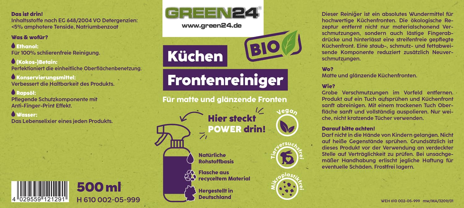Bio Küchen-Frontenreiniger 500ml - Professioneller, materialschonender Reiniger für matte und glänzende Küchenfromten. Speziell für lackierte oder folierte Hochglanzfronten geeignet.