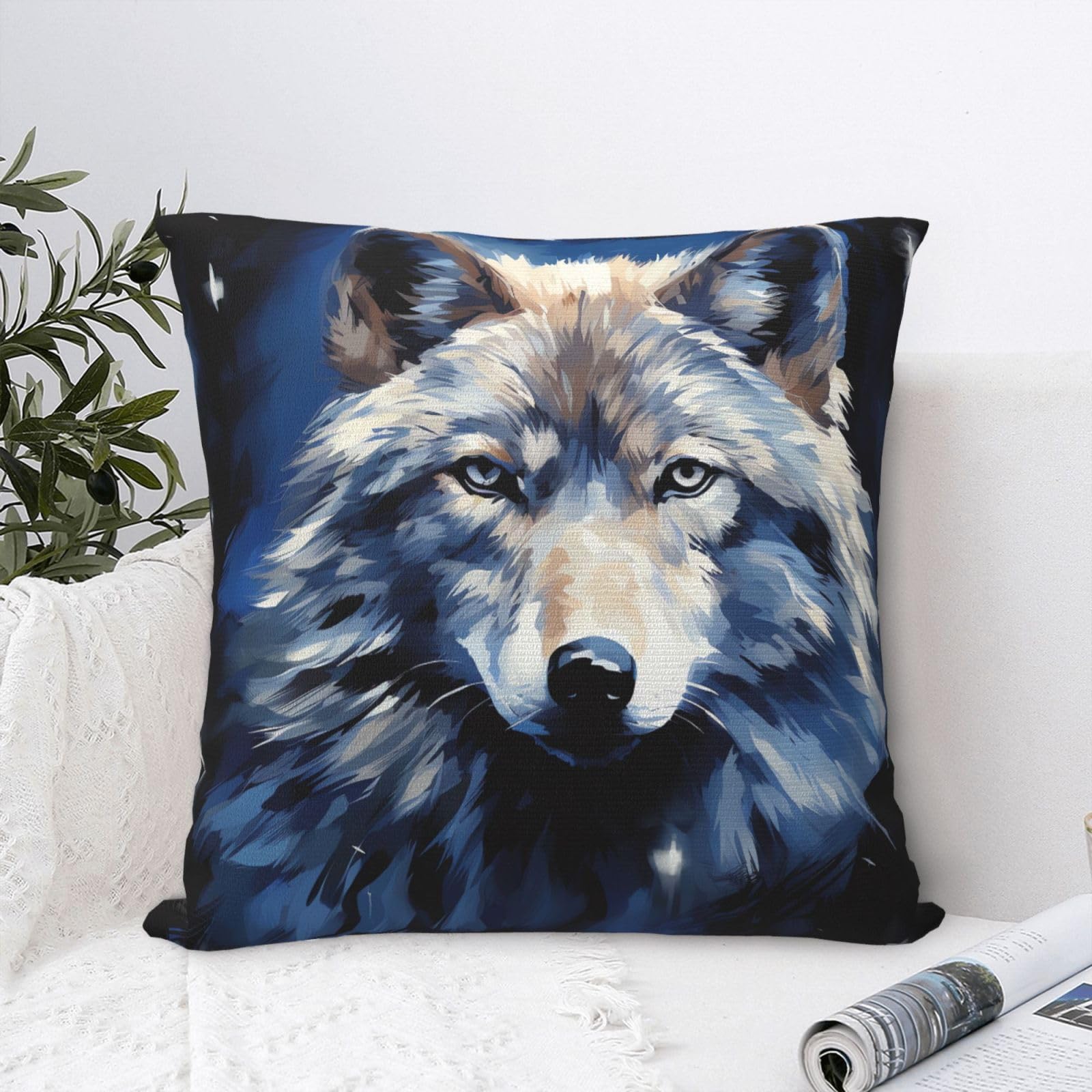 FodPand Luxury Velvet Throw Pillow Covers 24"x24" Super Soft Decorative Pillow Cases - Wolf Head on Blue Background Pillowcases Modern Lumbar Cushion Cases for Couch Sofa Bed Pillow Shams