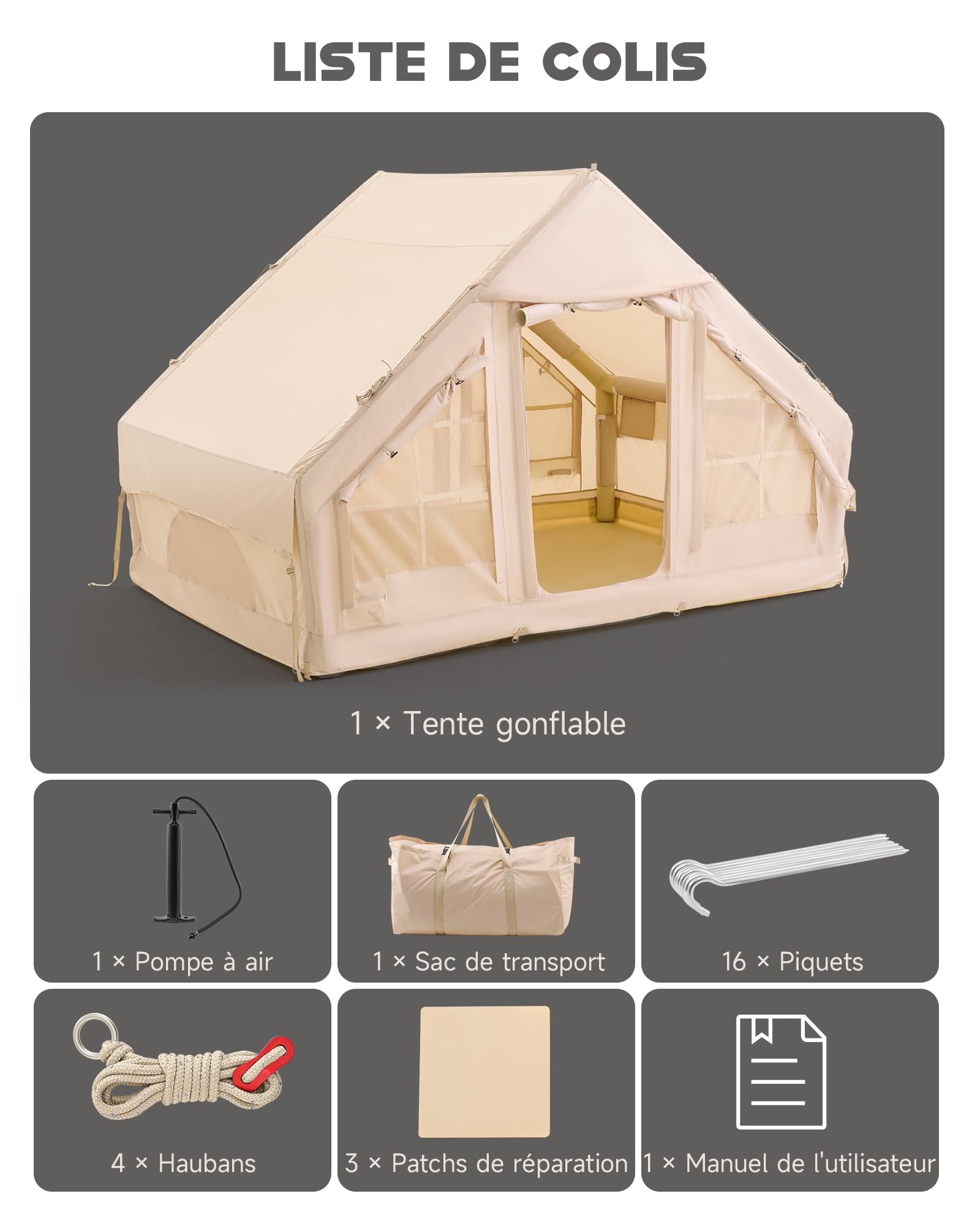 DARTMOOR Tente Gonflable 4-6 Personnes Tente de Camping Randonnéed Double Porte 4 Saisons Tissu Oxford Résistant au Vent Imperméable Extérieur Facile à Installer avec Pompe à Air et Sac de Transport