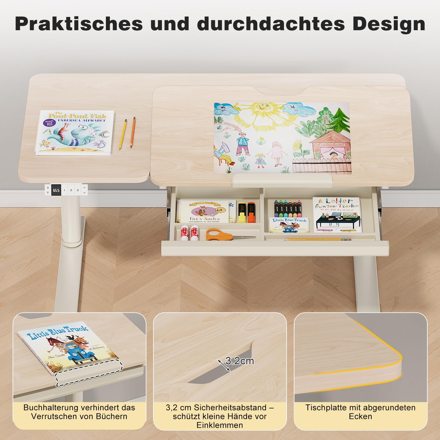 Devoko Kinderschreibtisch, Elektrisch Höhenverstellbarer Schreibtisch mit neigbarer Tischplatte mit Schubladen, Standing Desk mit 3 Speicherplätzen, Schreibtisch Kinder ab 6 Jahren, 120 x 60 cm Beige