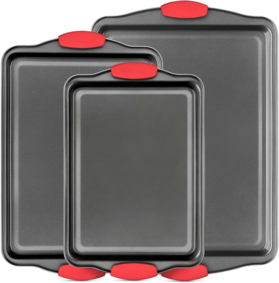 BEMMY Kit 3 Formas Antiaderentes para Forno, em Aço Inoxidável, de Qualidade Profissional para Restaurantes, com Alças de Silicone Vermelhas