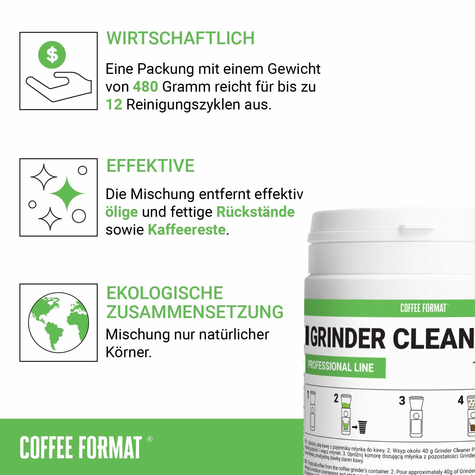 Grinder Cleaner PRO 480g, Kaffeemühlenreiniger für externe Mühlen, Mahlwerk Reiniger, Mühlenreiniger, Natural kompatibel mit DeLonghi, Bosch, Tchibo, Sage, Graef, Hario, Caso, Melitta