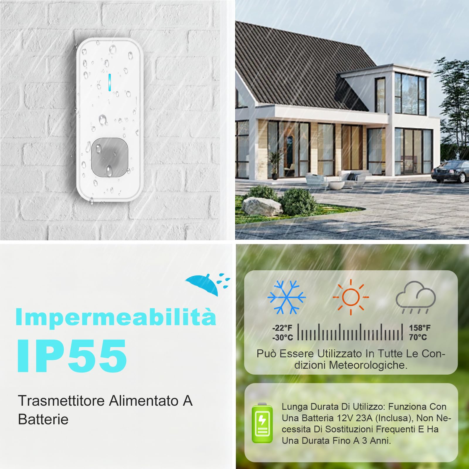 AIMAX Campanello Senza Fili Da Esterno con 2 Trasmettitori e 3 Ricevitori,Portata 400m,Wireless Doorbell,IP55 Impermeabile,55 Melodie e 5 Livelli di Volume,Indicatori LED,Per Casa/Porta d’Ingresso