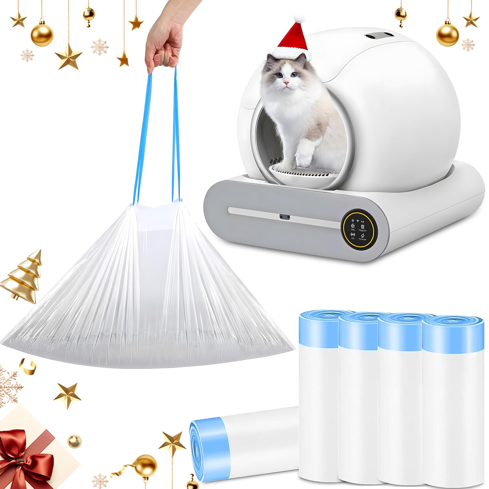 Sacs de Litière pour Chat, Sac Poubelle Litiere Chat avec Cordon de Serrage, Durables, Résistants à Déchirure pour Litiere Chat Autonettoyante 5 Rouleaux 75 Pièces