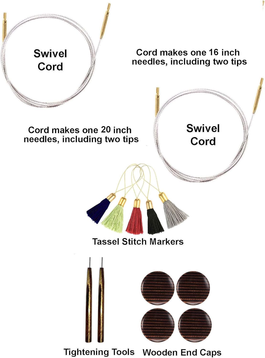 Lantern Moon Ancestry 4-Inch 9-Pair Interchangeable Circular Knitting Needle Set Handcrafted Ebony US 2.5, 3, 4, 5, 6, 7, 8, 9, 10, Silk Case, 2 Cords, 4 End Caps, with Project Bag