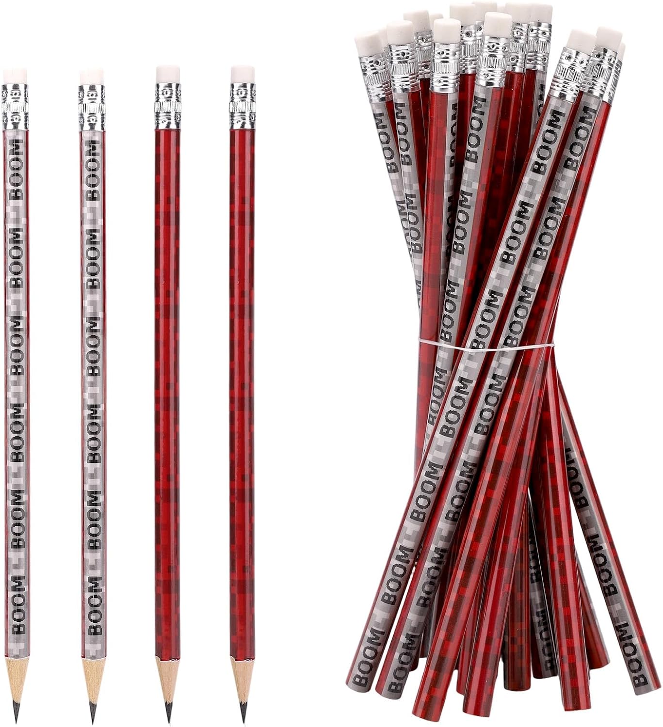 SAVITA 20pcs Pixel Pencils, Red Wooden Video Game Themed Pens with Erasers Boom Party Supplies for Classroom School Prizes Birthday & Office Stationery for Students Kids (Style 3)