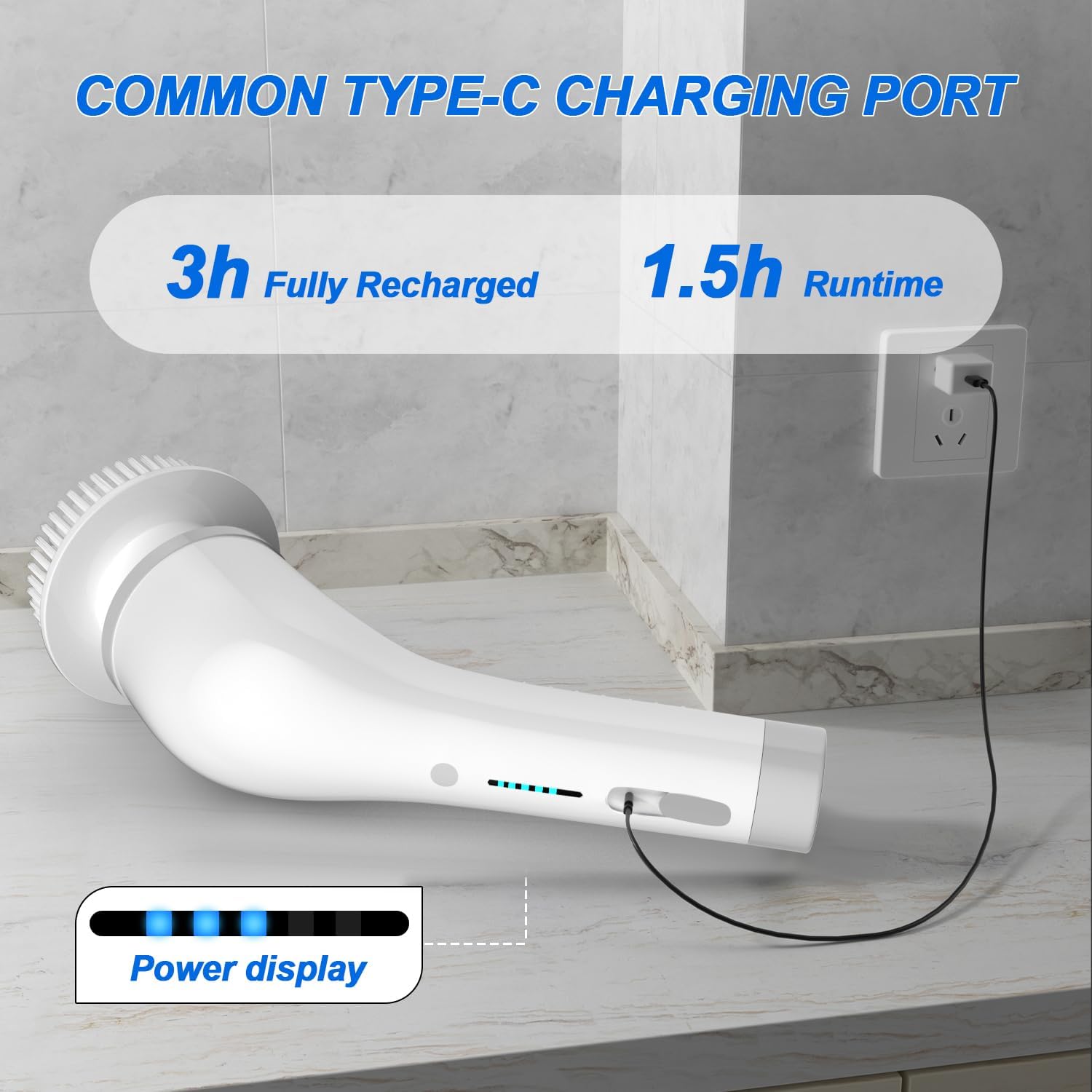 Electric Spin Scrubber charging via Type-C with power display