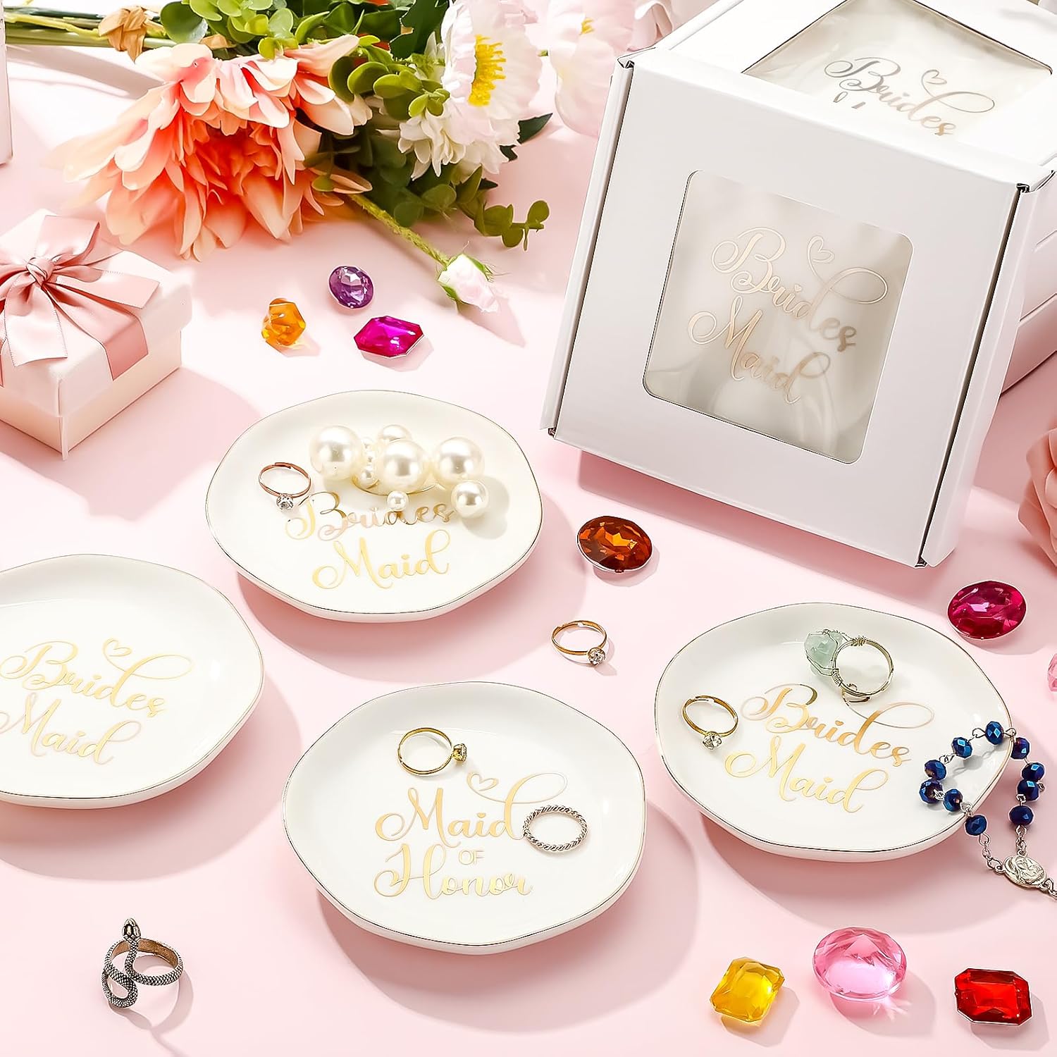 Hushee 6 Sets Bridesmaid Gifts Ceramic Jewelry Tray Maid of Honor Ring Dish Bridesmaid Proposal Gift with Boxes Decorative Trinket Dish for Earrings Necklaces Bracelet for Wedding Bridal Shower