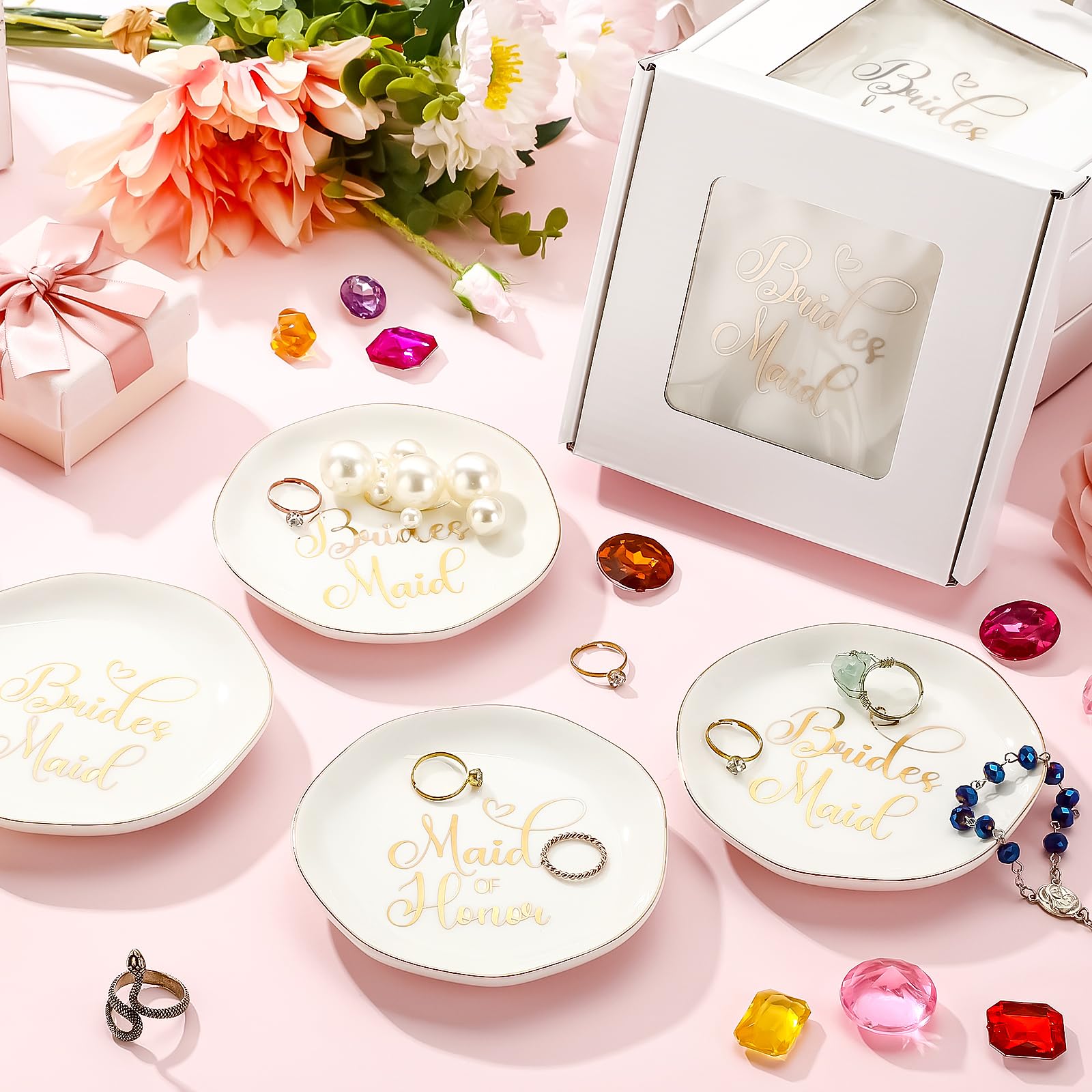 Hushee 6 juegos de bandeja de cerámica para joyas de dama de honor, plato de regalo de propuesta de dama de honor con cajas, plato decorativo para aretes, collares, pulseras, para boda, despedida de