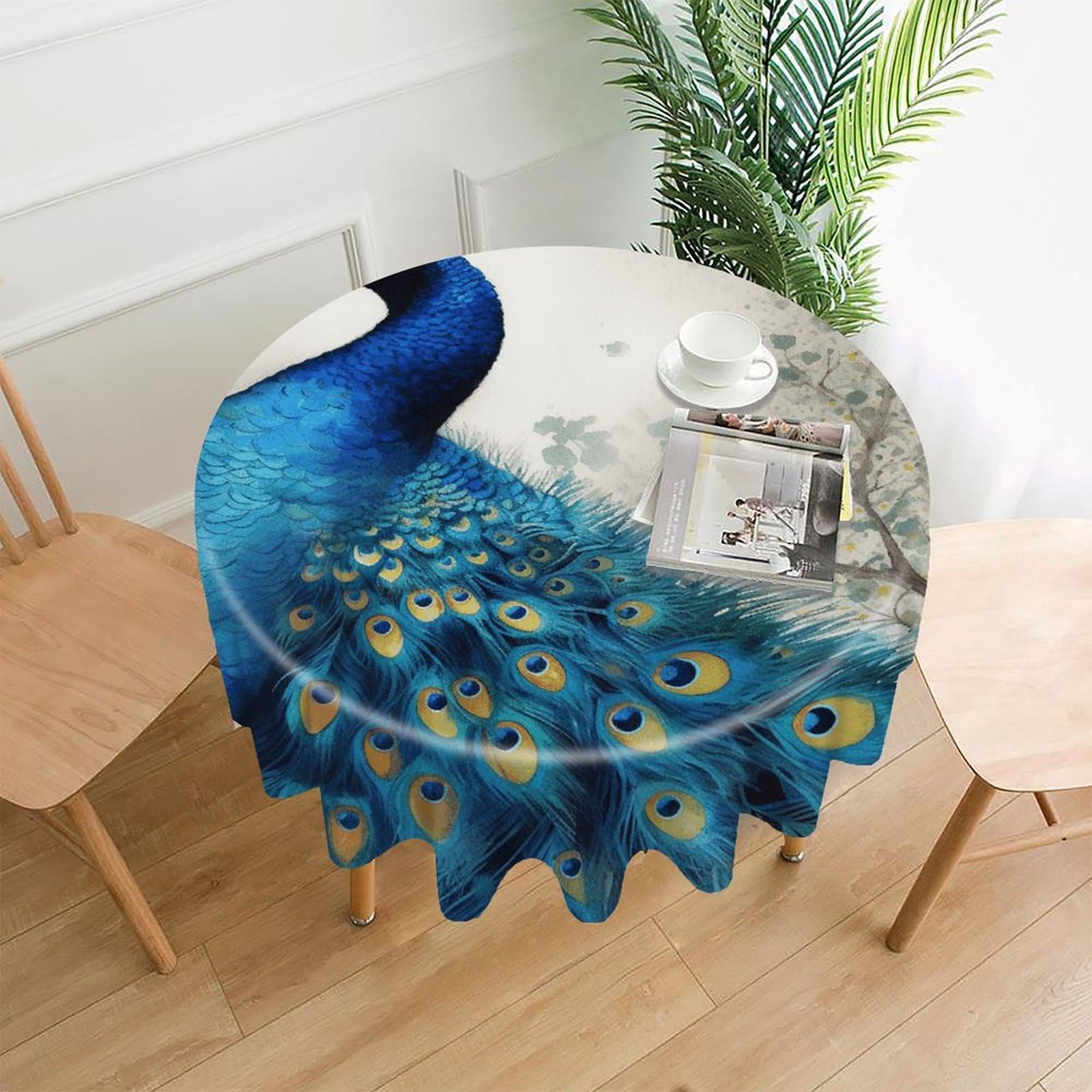 FodPand Blue Peacock Round Tablecloth - 60 Inch Premium Polyester Table Cloth, Fashion Wrinkle Resistant Decorative Table Cover for Dining Kitchen Party Buffet Tables