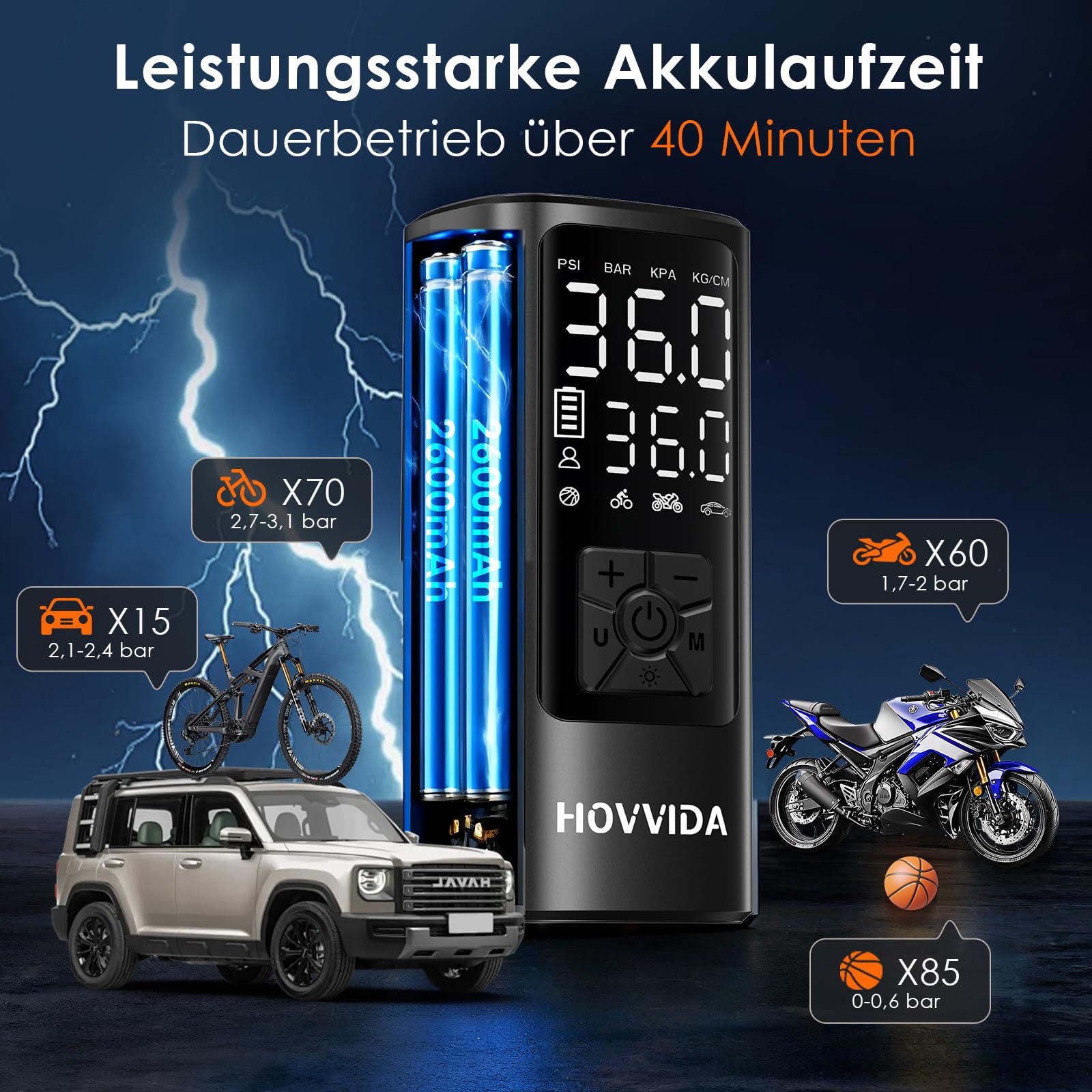HOVVIDA Elektrische Luftpumpe, 10,3 bar Fahrradpumpe, Digitale Akku-Luftpumpe mit Druckvoreinstellung & Auto-Abschaltung, Wiederaufladbar, Luftpumpe für E-bike, Auto, Fahrrad, Motorrad, Bälle