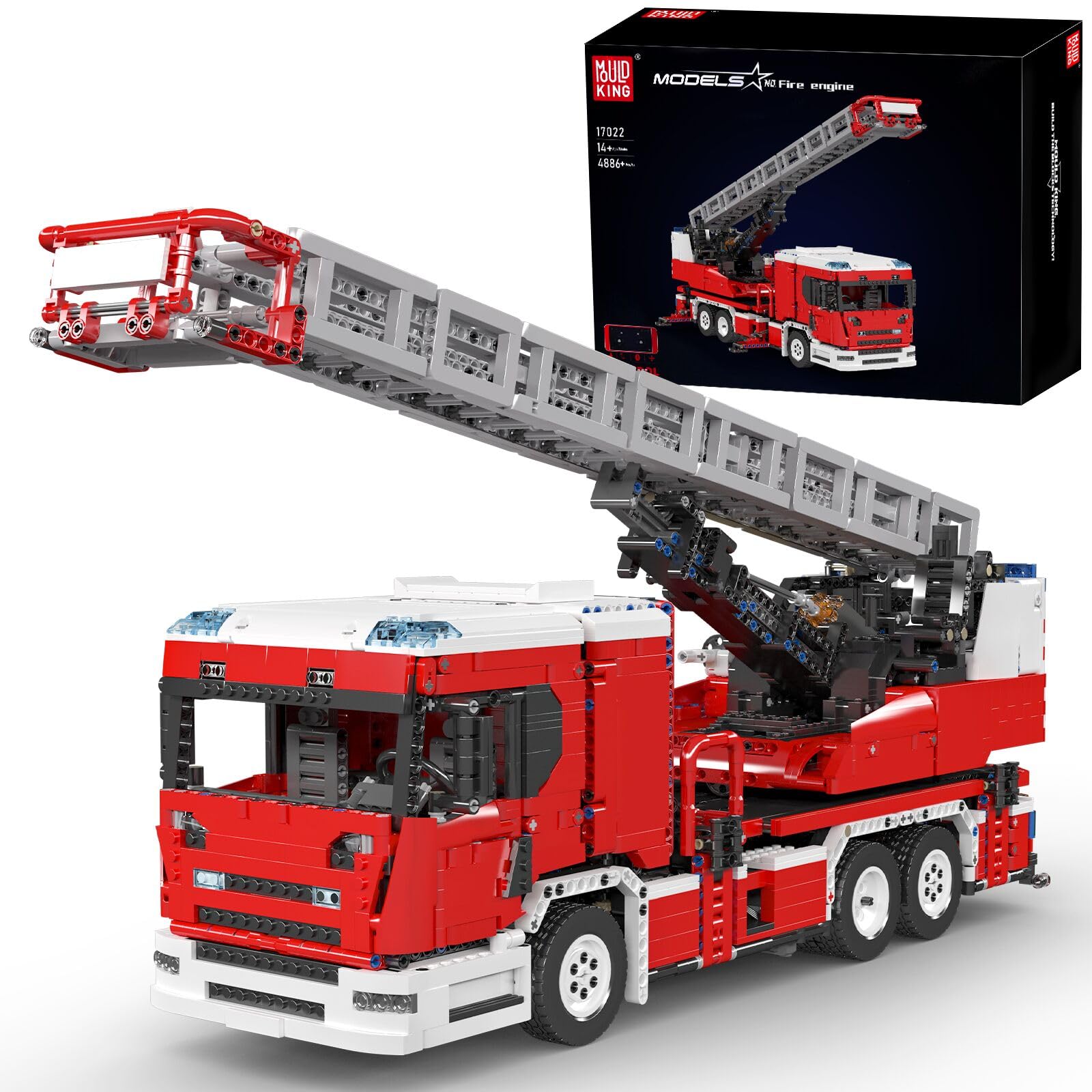 Mould King 17022 Technik Feuerwehr Drehleiter LKW Technik Bausatz – Ferngesteuertes Feuerwehrauto mit Motoren, Große Bausteine Modell für Erwachsene & Jugendliche ab 14 (4886 Teile)