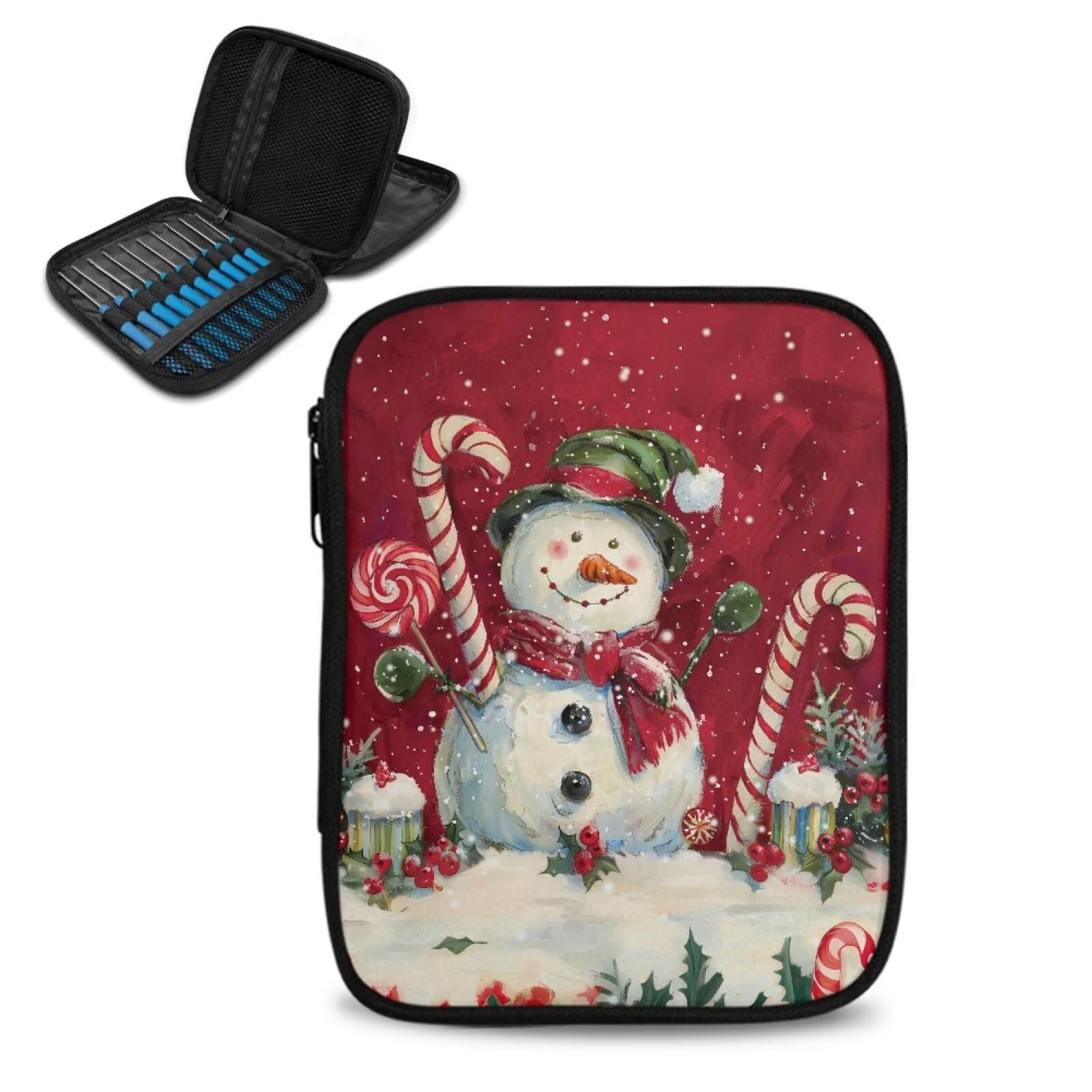 Snowman Crochet Hook Case Portable Candy Knitting Needle Case with Web Pockets Crochet Storage Organizer Empty for Airports and Parks, Merry Christmas Decor