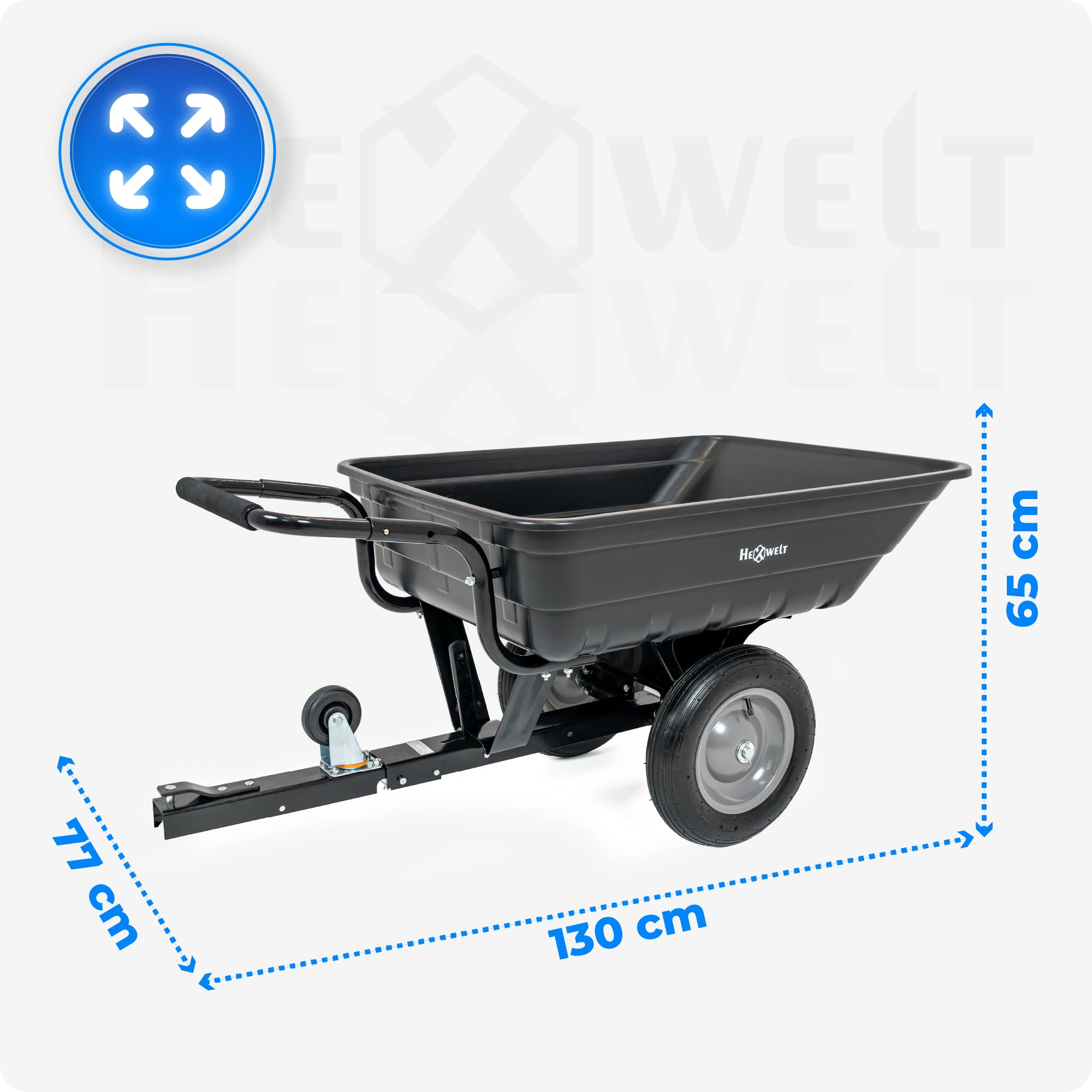 Anhänger für Rasentraktor und Quad 200 kg, Gartenanhänger mit ABS-Wanne 200 L, Transportanhänger für Holz, Erde, Laub und Gartengeräte, leichte robuste Gartenkarre, 130 x 77 x 65 cm