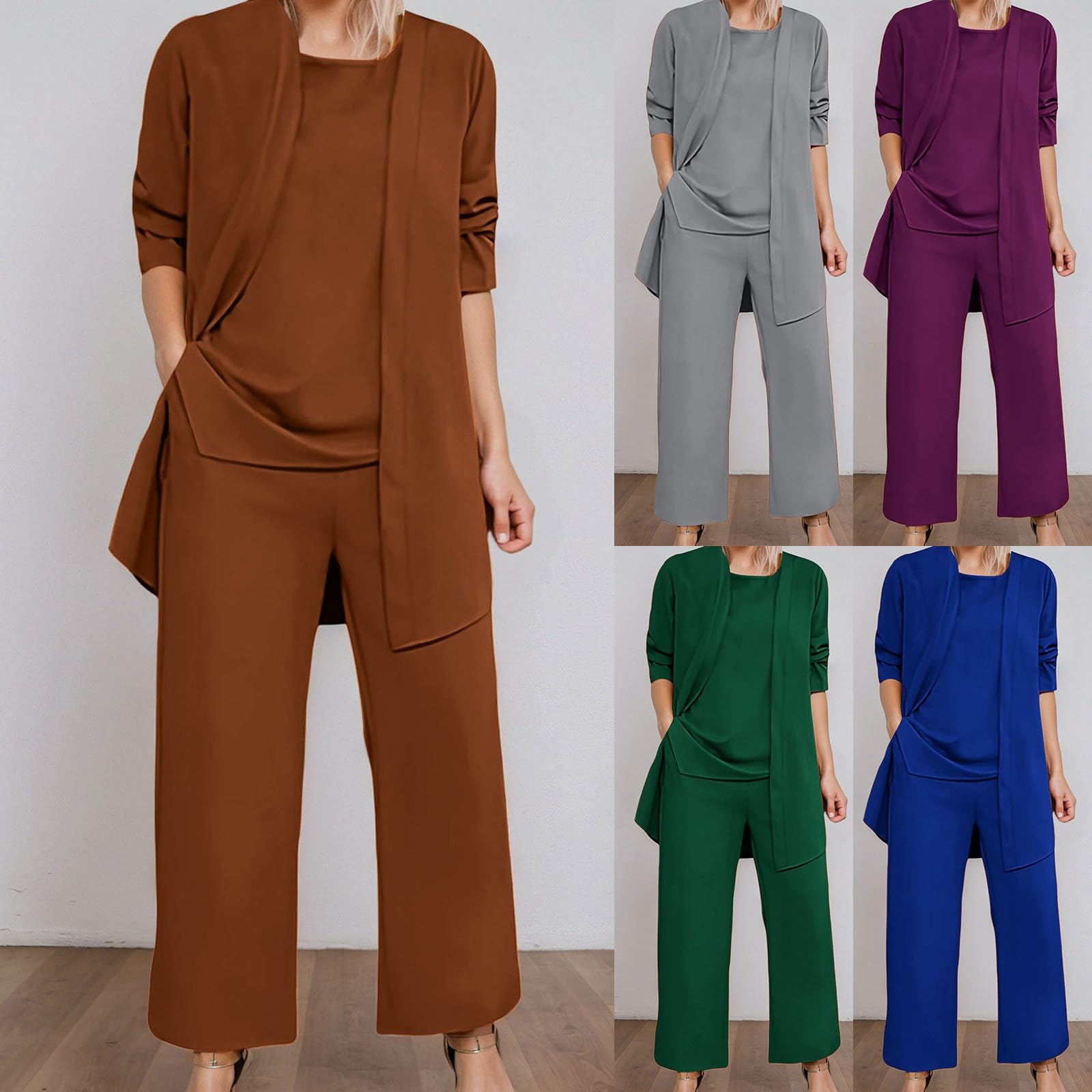 Generisch Hosenanzüge Damen Sommer 3 Teiler Chiffon Festlich Elegant Spitze Kleid Set Hochzeit Üro Business Outfit Dreiteilig Freizeitanzug Elegant Arbeitskleidung Damenanzug Abendanzug Sets