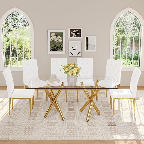 Miniatura 5 de Mesa de comedor de cristal de 71 pulgadas, mesa de comedor dorada para 6-8, mesa de cocina y comedor de gran tamaño con parte superior de vidrio