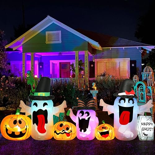 Miniatura 6 de PETUOL Fantasmas inflables de Halloween de 8 pies de largo, decoración iluminada de Halloween, fantasmas blancos con calabazas y lápida para