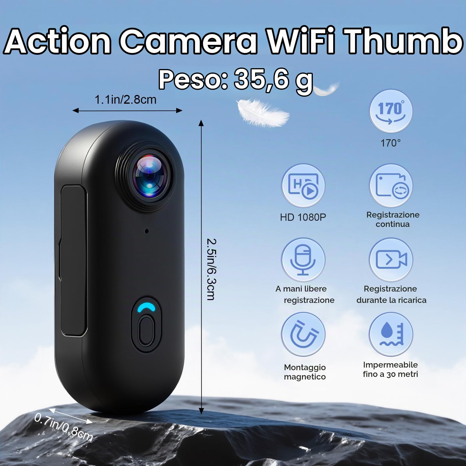 Action Cam, fotocamera impermeabile, 64 GB, mini bodycam per bicicletta, dash cam, WiFi, videocamera per il corpo, per casco e moto, fotocamera sportiva con magnete e morsetto a 360°, per