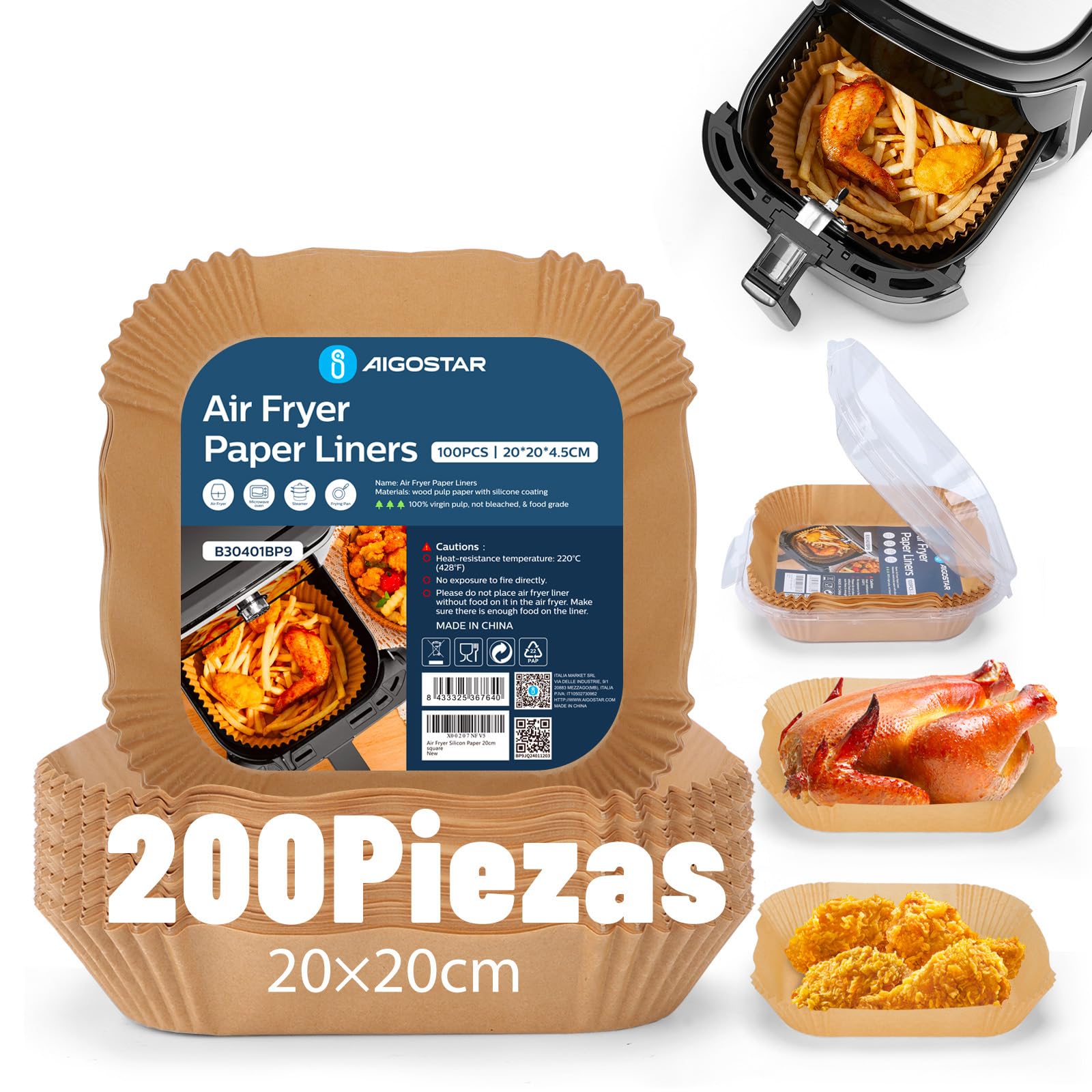 Papel para Freidora de Aire Cuadrado 200 Piezas, 20-24CM Air Fryer Cuadrado Papel de horno, Desechable Antiadherente, para 5-8L Freidora de Aire y Microondas, BPA Free, Aigostar