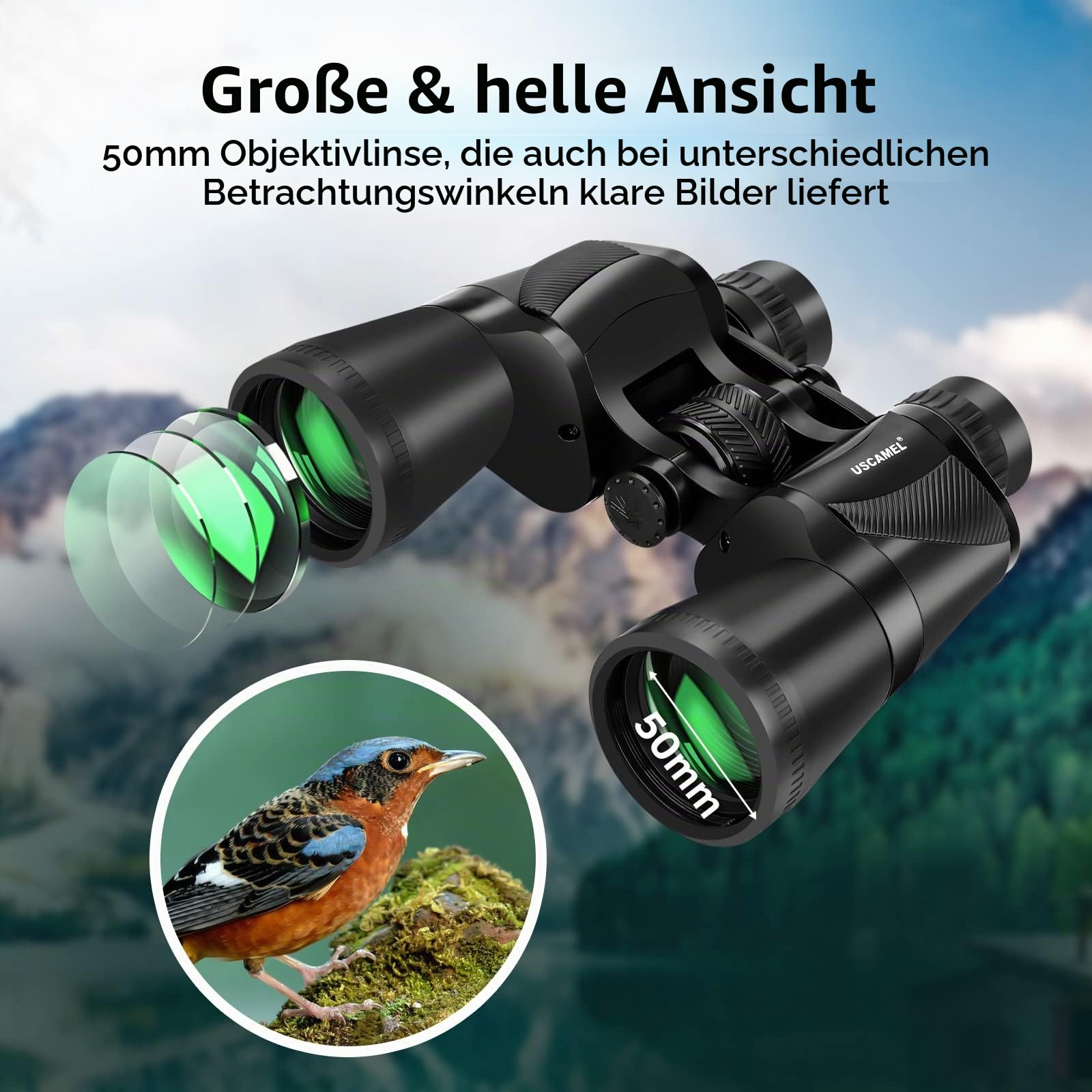 20x50 Fernglas für Erwachsene, professionelles Hochleistungs Fernglas für Vogelbeobachtung, wasserdichtes mit Porro BAK4 Prismenlinse, mehrschichtige beschichtete Linsen für Jagd