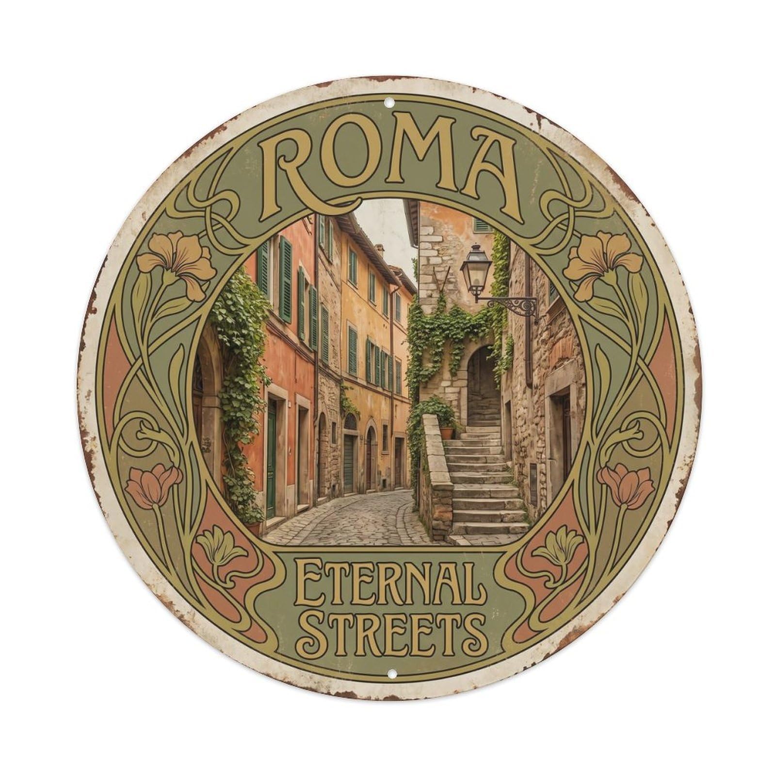 Vintage Travel Roman Cobblestone Italy Metal Tin Sign Plaque Wall Decor for Cafe, Club, Garden Round Metal Poster 8x8Inch