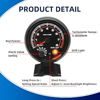 MH 3.75 inch (95mm) Tachometer with Shift Light, 8000 RPM Gauge, 5-Level Adjustable Brightness Backlight Tach for 12V AUTO