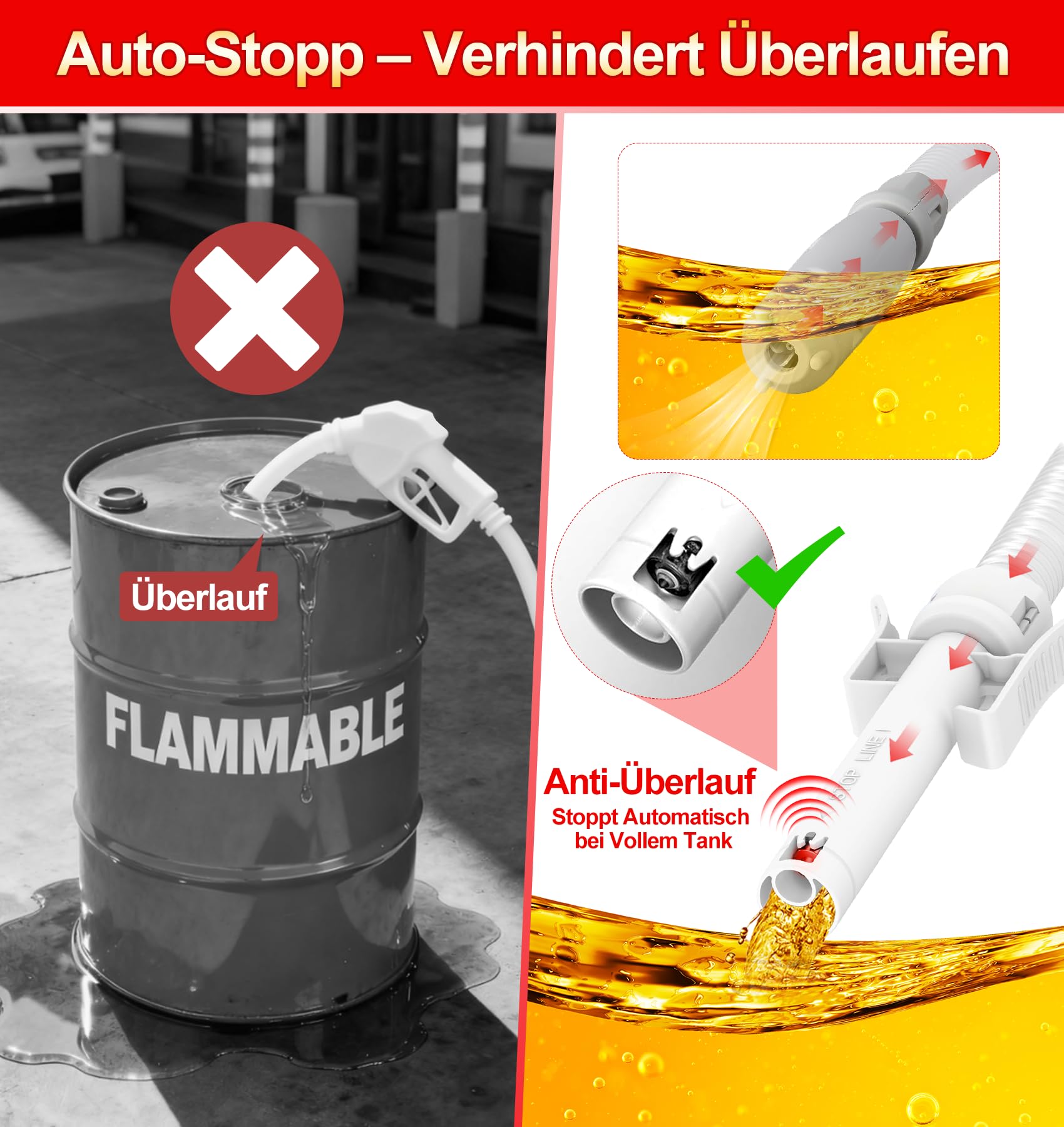 Kraftstoffpumpe mit Auto-Stopp-Sensor, 3.2GPM(12L/min) Dieselpumpe & Benzinpumpe für Kanister, Öl und Wasser – Mit flexiblem Schlauch für Traktor, Generator, Rasenmäher mit 3 Adaptergrößen (12L/min)
