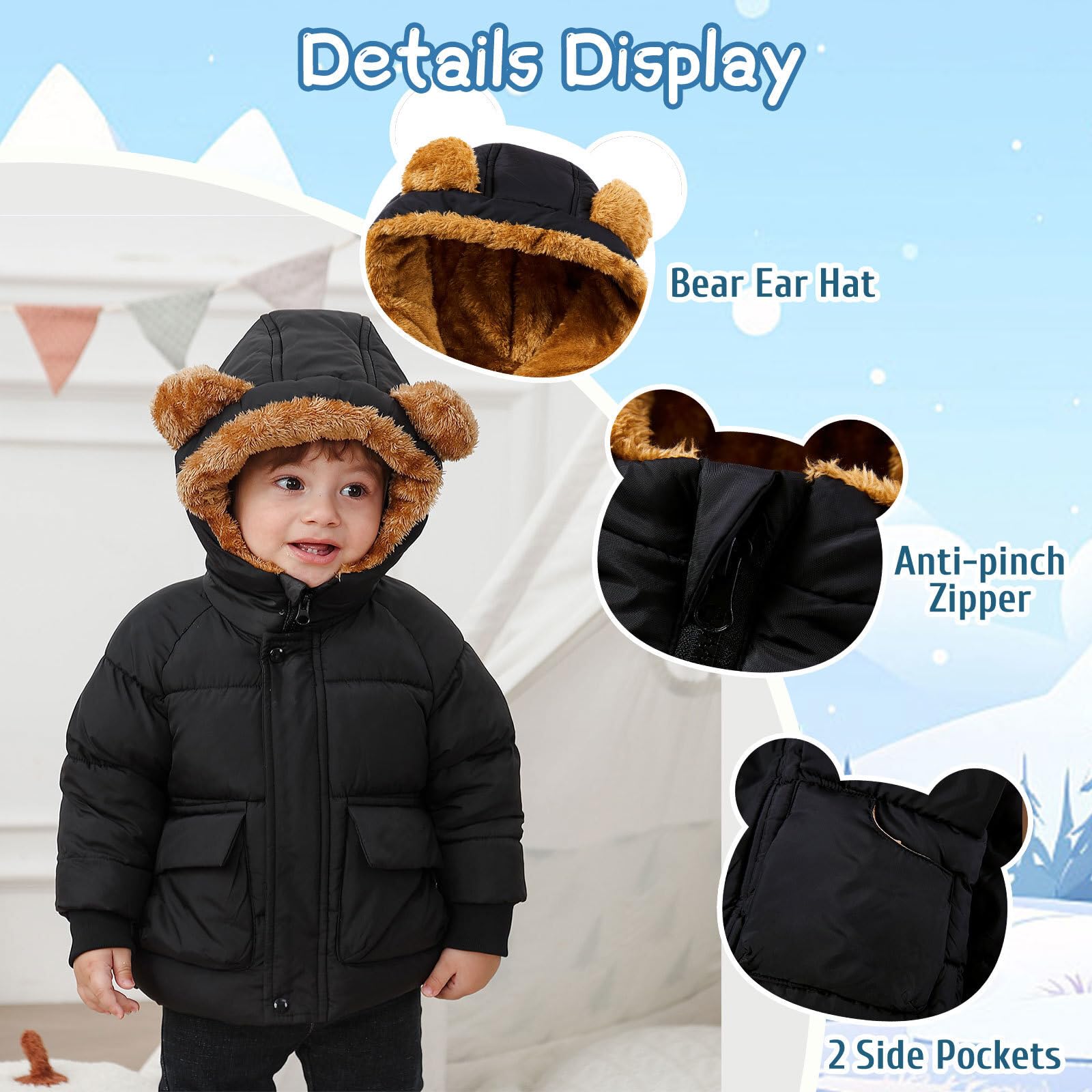 SFreeBo Veste d'hiver pour bébé, veste polaire pour filles et garçons, veste à capuche avec oreilles d'ours et poches, vêtements d'hiver doublés en peluche, 6 mois à 5 ans