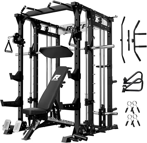Miniatura 14 de RitFit Máquina Buffalo Smith, jaula eléctrica con sistema LAT-Pull Down y sistema de cruce de cables, estante de sentadillas todo en uno para