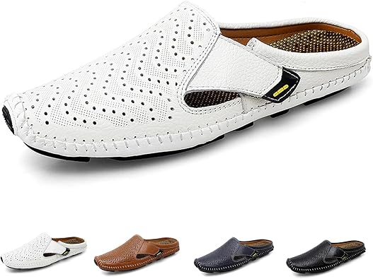 Helenbra Mens Hollow Backless Handmade Leather Mules Sandals,Summer Hook & Loop Breathable Slingback Non-slip Soft Sole Comfortable Slip-on Home Office Casual Flat Sandals Slippers