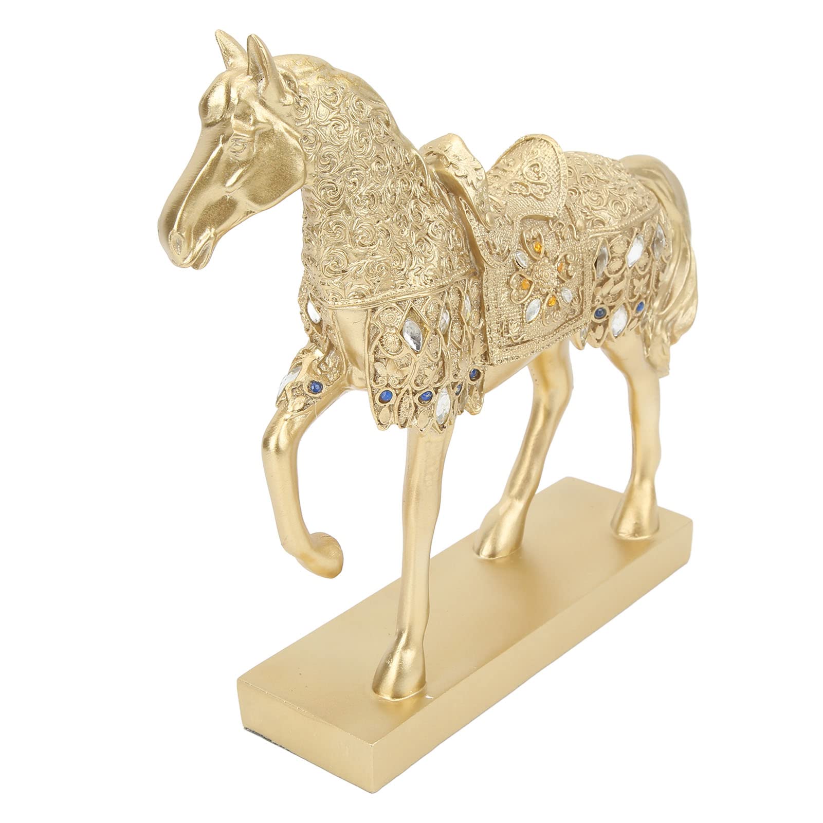 Cryfokt Estatua Dorada de Caballo Que Camina, Decoración Artística de Animales Nobles para Sala de Estar, Elegante Adorno de Resina de 10,35x10,23x2,59 Pulgadas