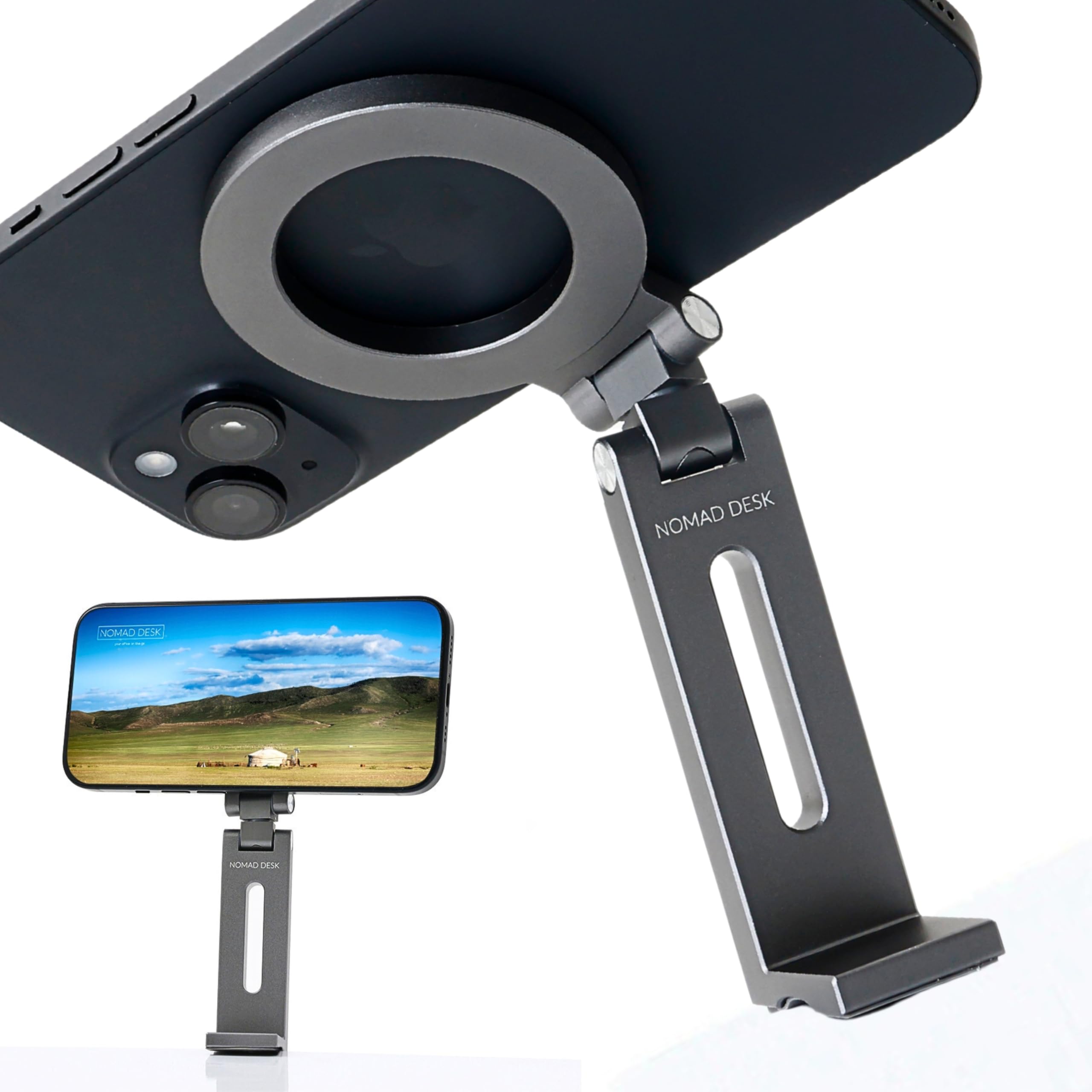 NOMAD DESK スマホスタンド 強力クランプ式 卓上 MagSafe対応 省スペース アルミ合金 高剛性 iPhone対応 飛行機・新幹線 1/4インチ・ネジ穴 NOMAD STAND GO EDGE (グレー) ノマドデスク商品画像